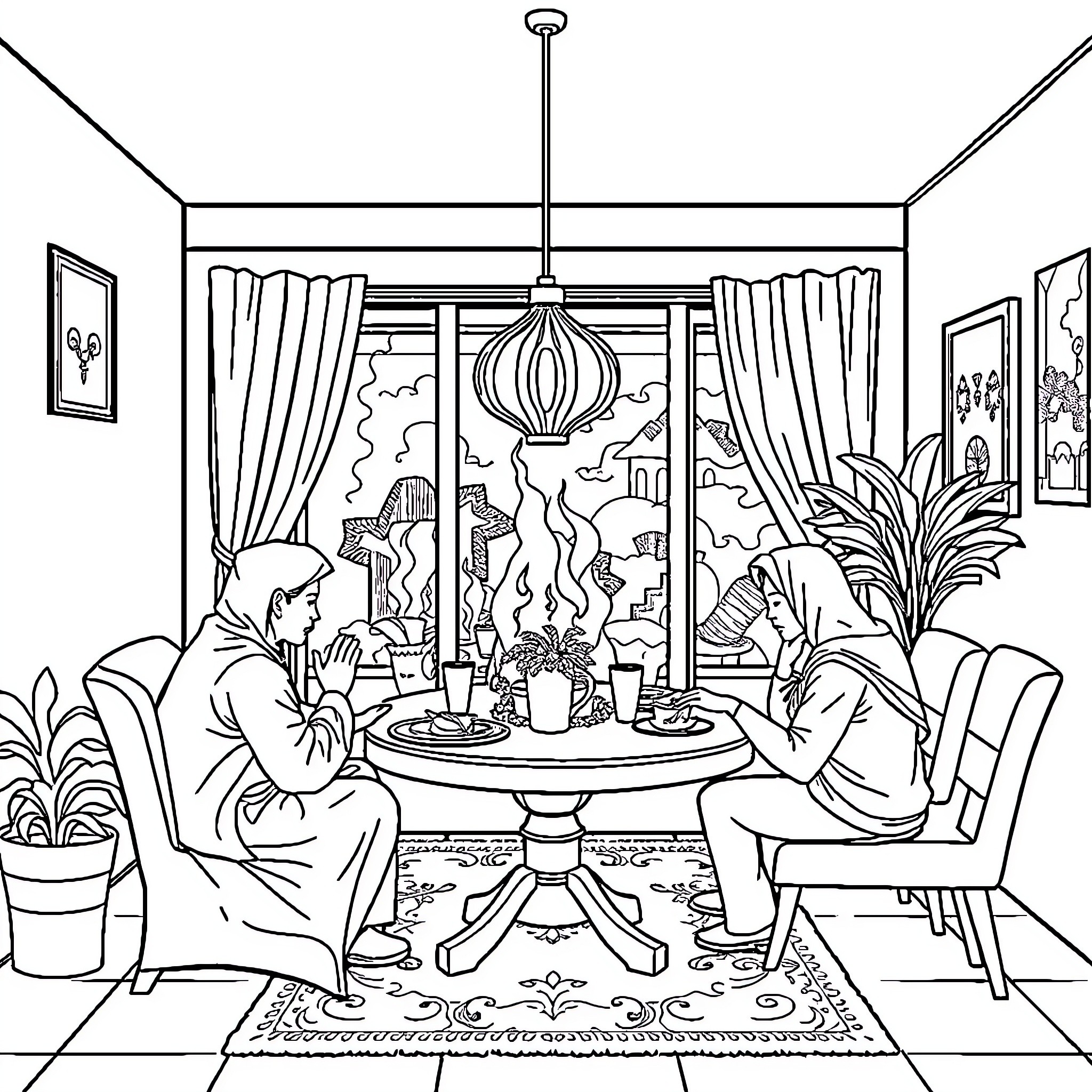 Dining in a Cozy and Whimsical Setting Coloring Page (free black-and-white line drawing printable PDF for all, from beginners to advanced learners, including children, teens, adults, and seniors)