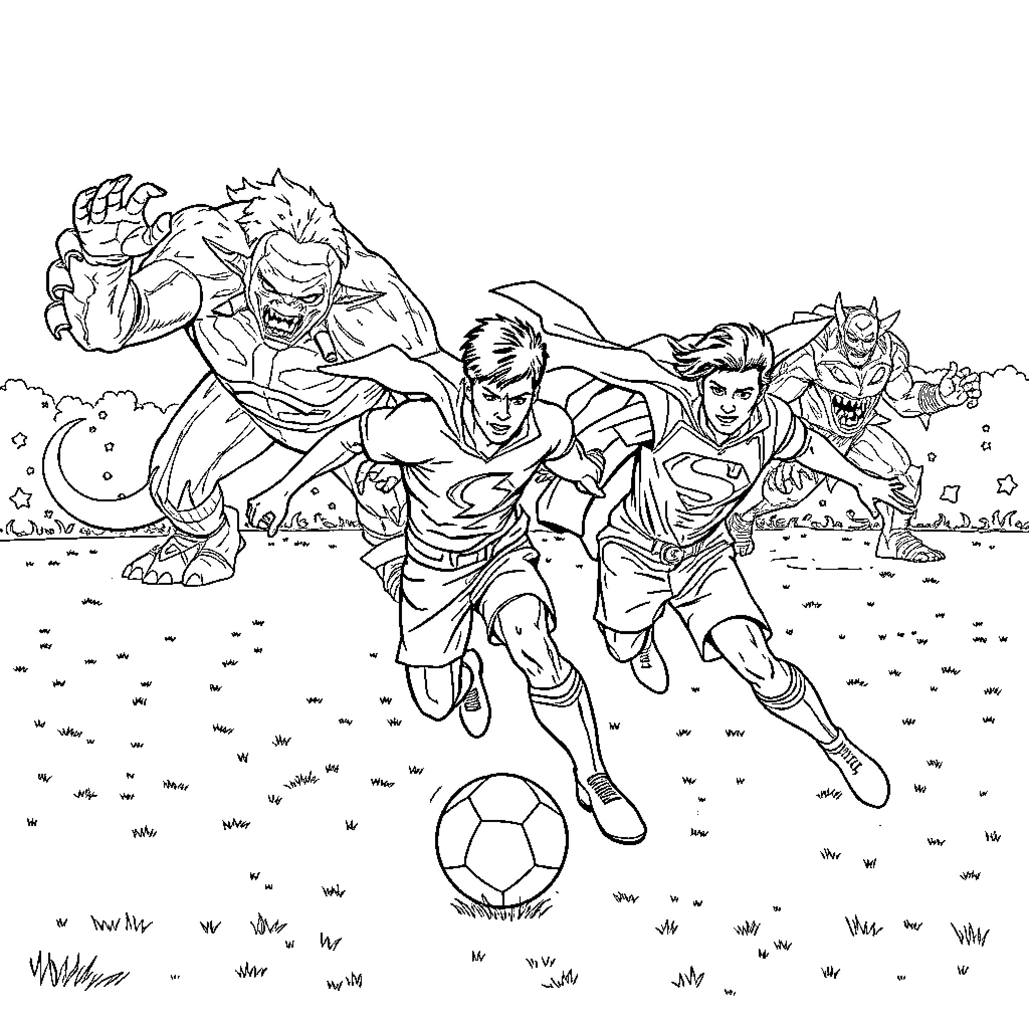 Superheroes playing soccer in the field Coloring Page (free black-and-white line drawing printable PDF for all, from beginners to advanced learners, including children, teens, adults, and seniors)