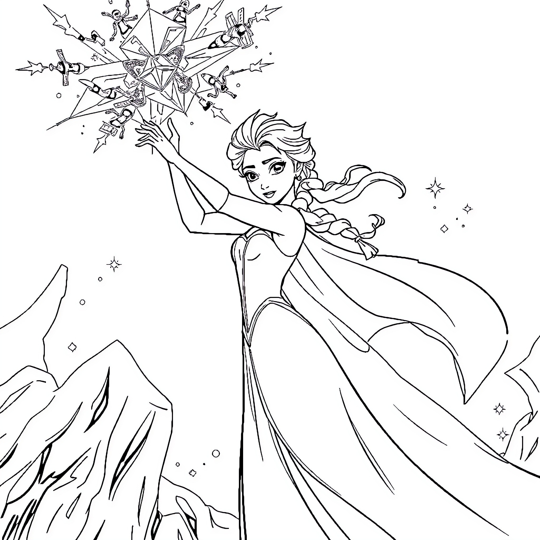 Elsa conjuring magical winter wonderland Coloring Page (free black-and-white line drawing printable PDF for all, from beginners to advanced learners, including children, teens, adults, and seniors)