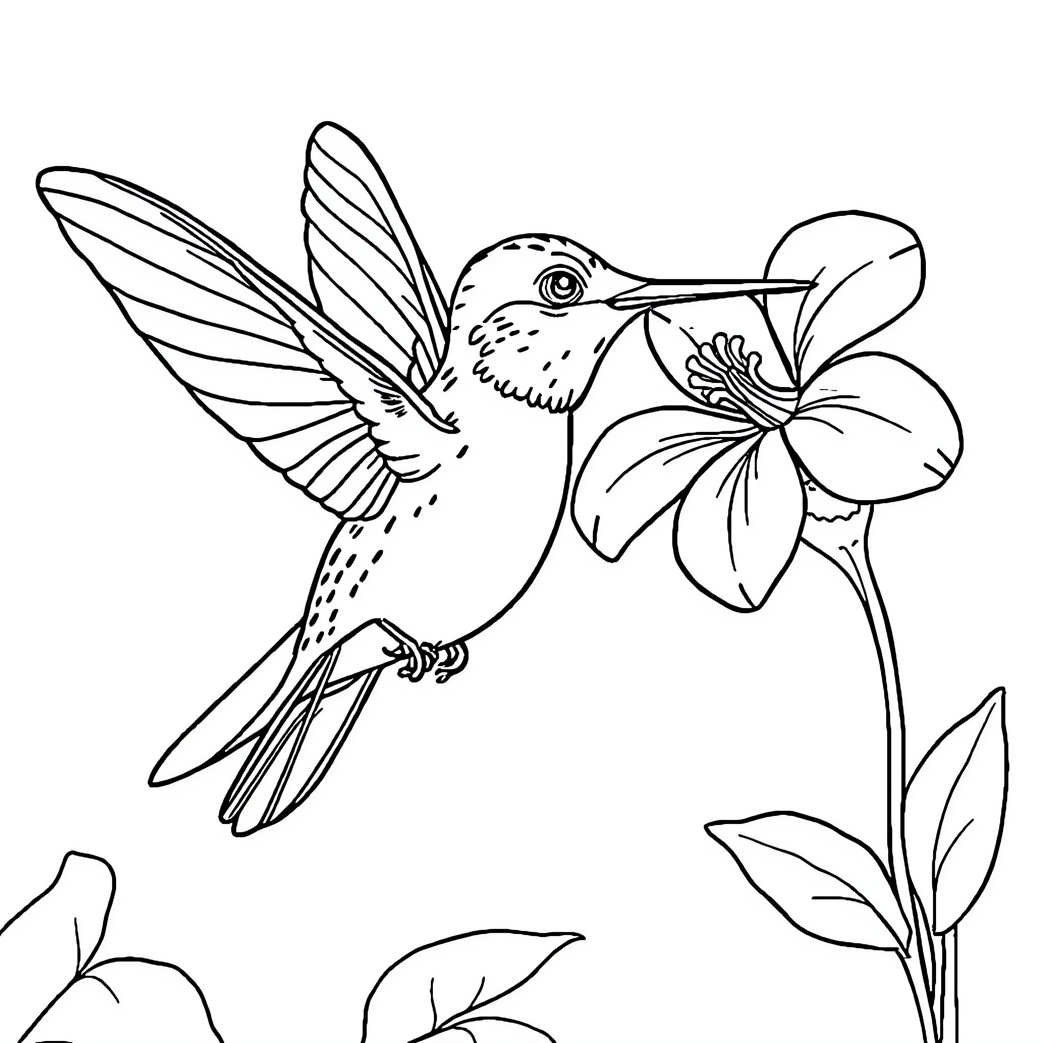 Hummingbird hovering near vibrant flower Coloring Page (free black-and-white line drawing printable PDF for all, from beginners to advanced learners, including children, teens, adults, and seniors)