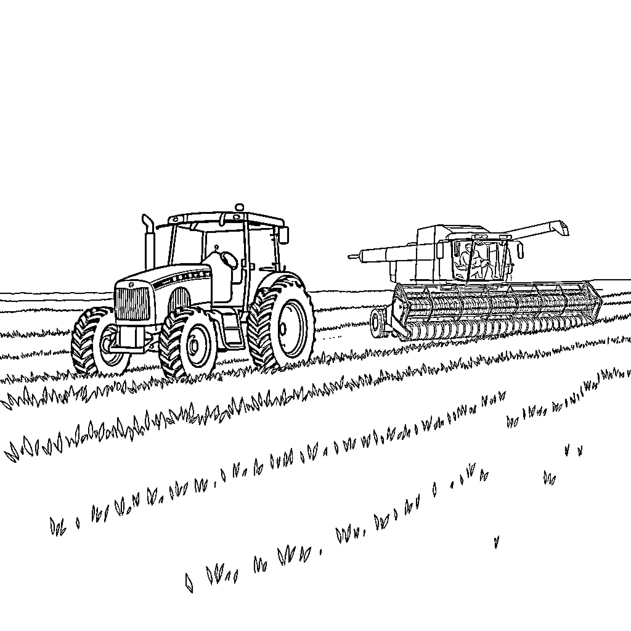 Tractor working in the field with harvester Coloring Page (free black-and-white line drawing printable PDF for all, from beginners to advanced learners, including children, teens, adults, and seniors)