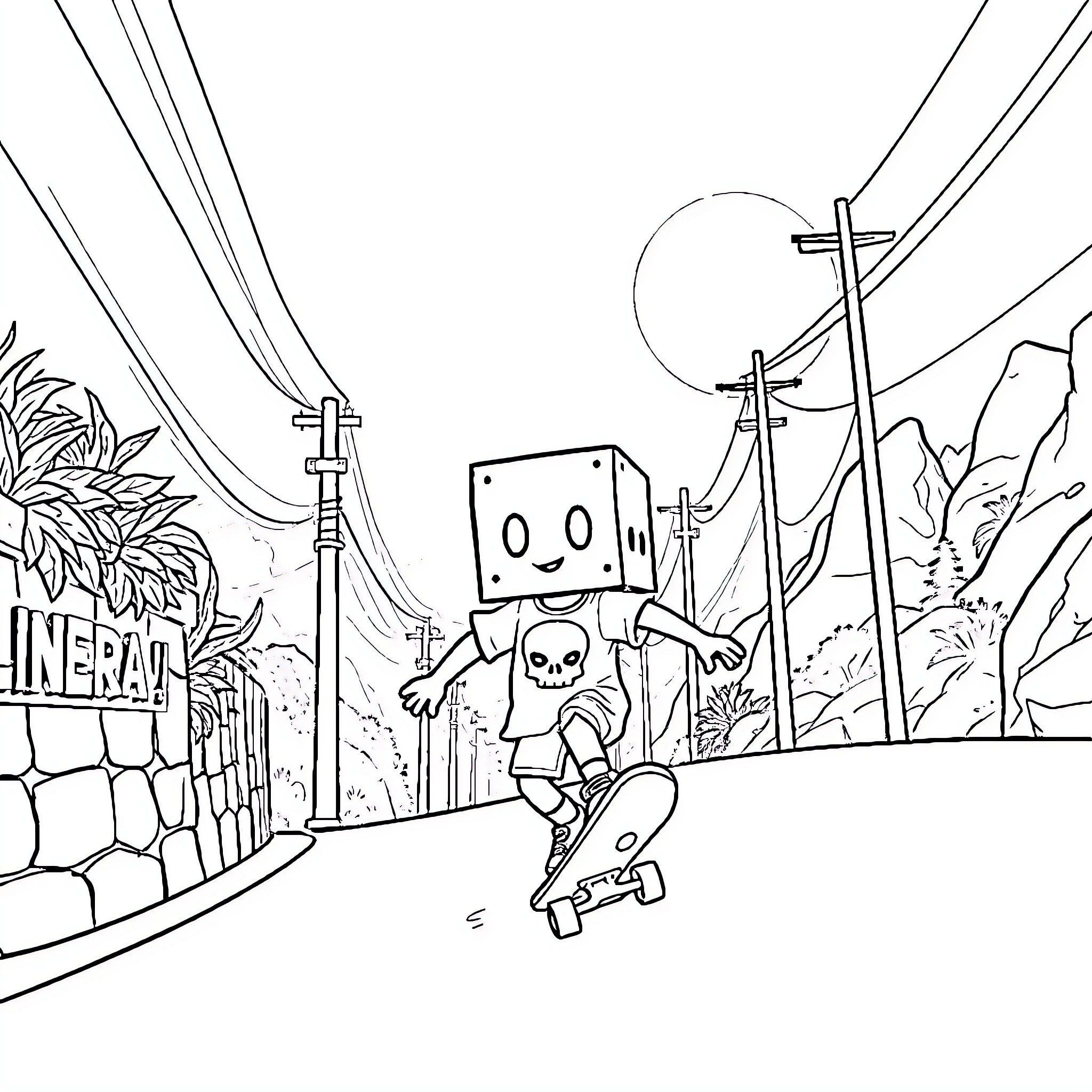 Box-Head Character Skateboarding in Alley Coloring Page (free black-and-white line drawing printable PDF for all, from beginners to advanced learners, including children, teens, adults, and seniors)