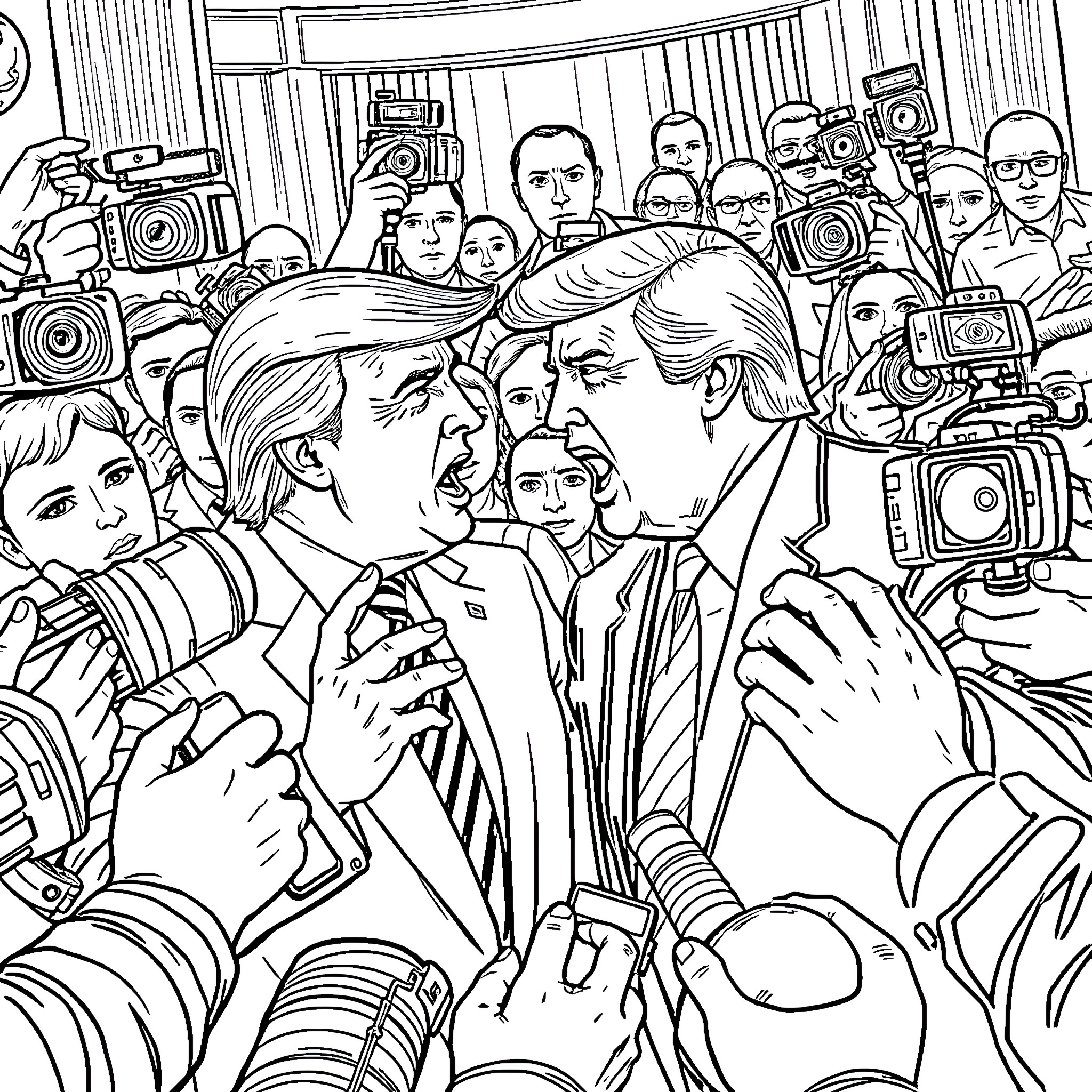 Trump surrounded by media in a charged environment Coloring Page (free black-and-white line drawing printable PDF for all, from beginners to advanced learners, including children, teens, adults, and seniors)