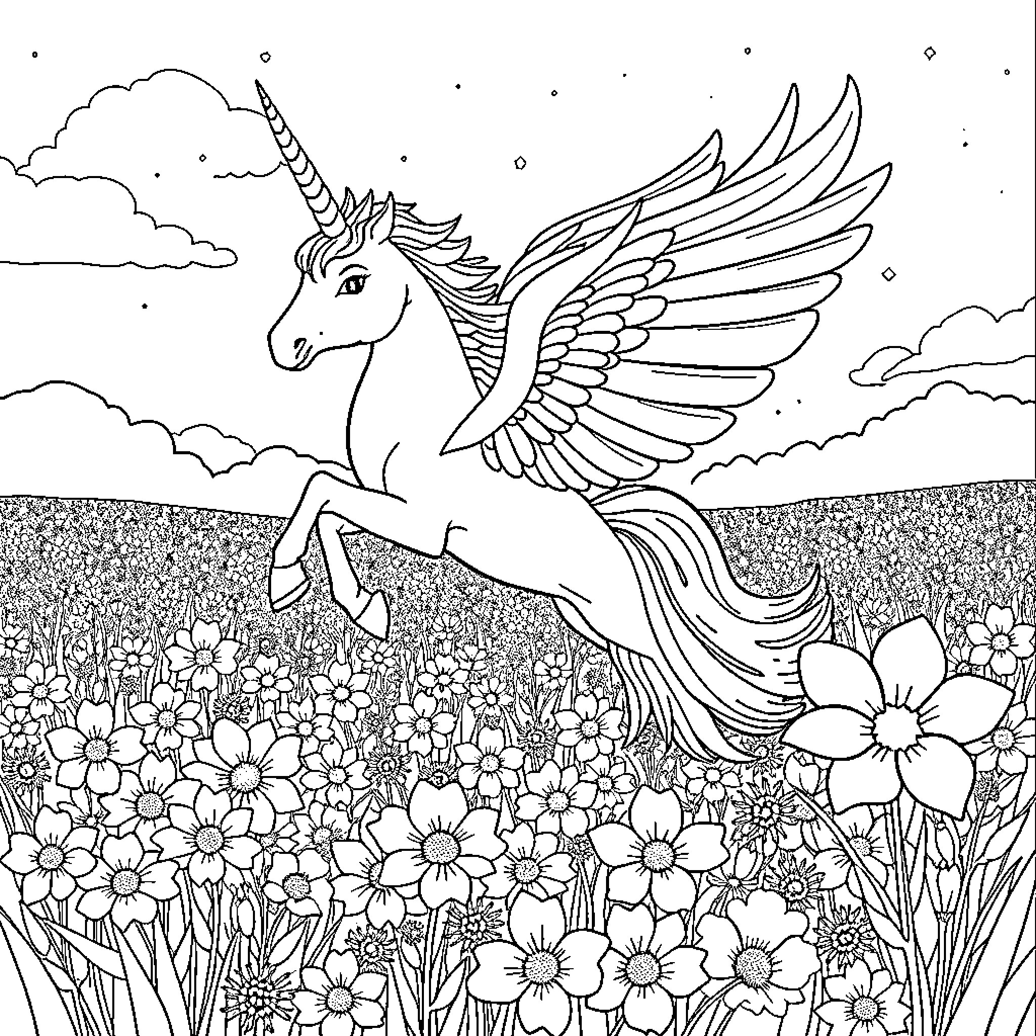 Unicorn flying gracefully over a floral meadow Coloring Page (free black-and-white line drawing printable PDF for all, from beginners to advanced learners, including children, teens, adults, and seniors)
