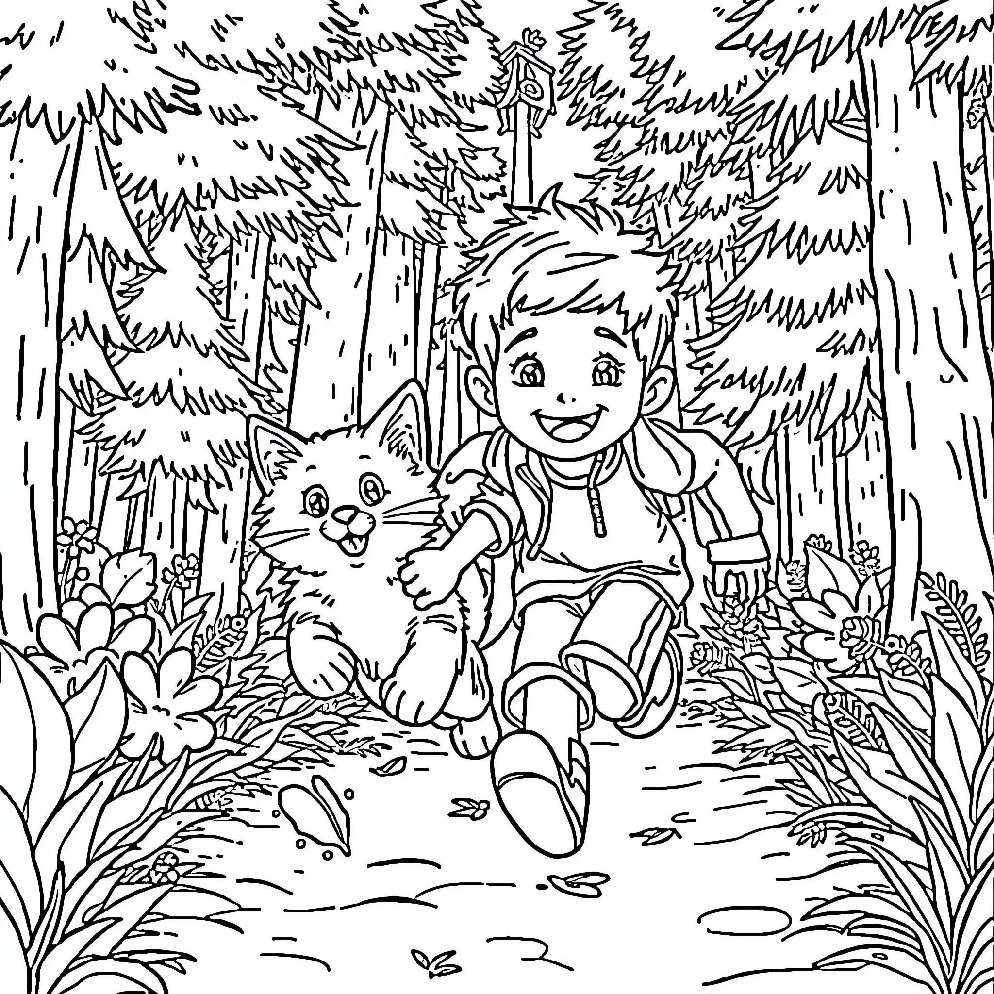 Boy and his cat exploring the forest Coloring Page (free black-and-white line drawing printable PDF for all, from beginners to advanced learners, including children, teens, adults, and seniors)