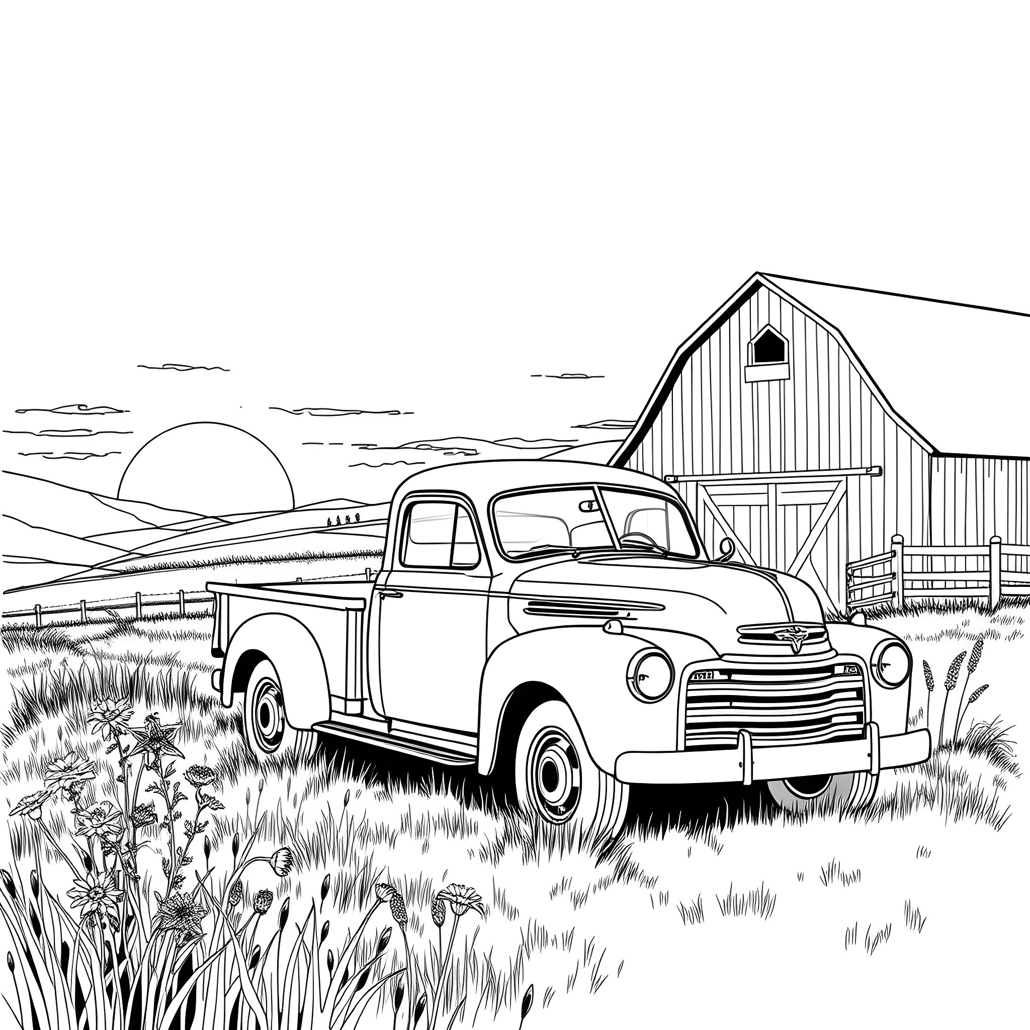 Truck parked in rural countryside near barn Coloring Page (free black-and-white line drawing printable PDF for all, from beginners to advanced learners, including children, teens, adults, and seniors)