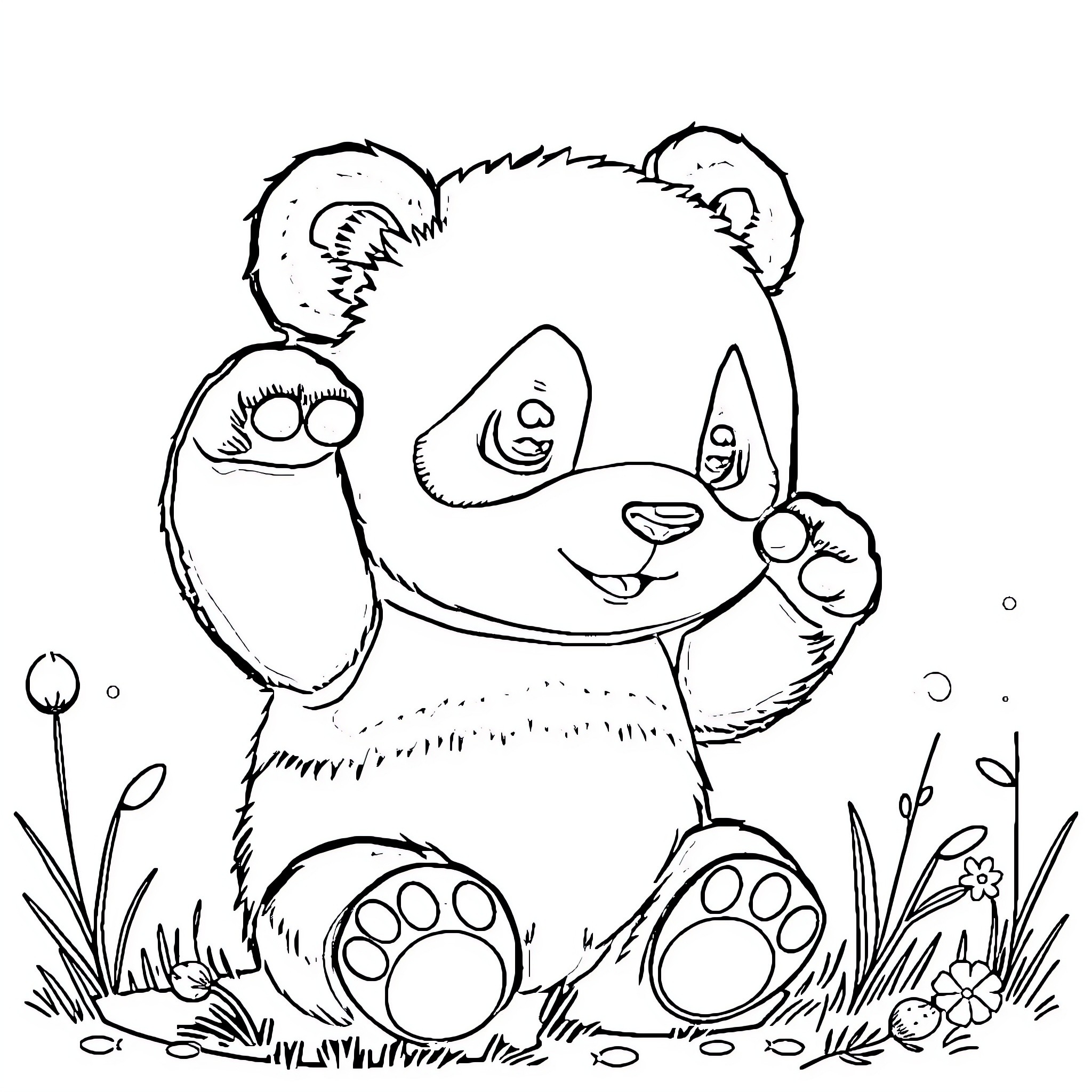 Panda exploring cheerfully in the meadow Coloring Page (free black-and-white line drawing printable PDF for all, from beginners to advanced learners, including children, teens, adults, and seniors)