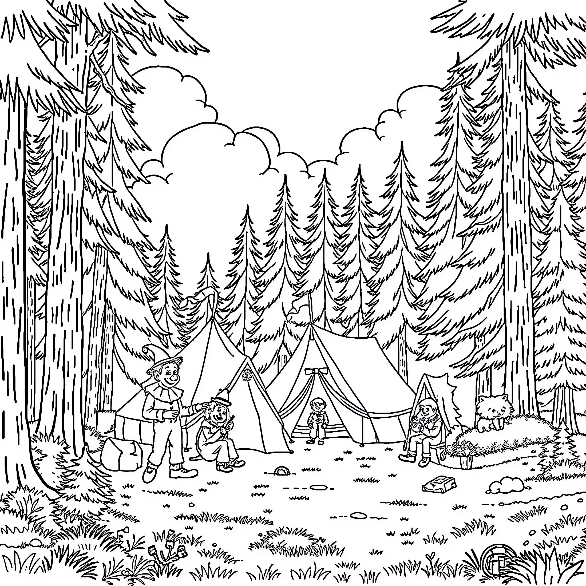 Clown camping in the enchanted forest Coloring Page (free black-and-white line drawing printable PDF for all, from beginners to advanced learners, including children, teens, adults, and seniors)