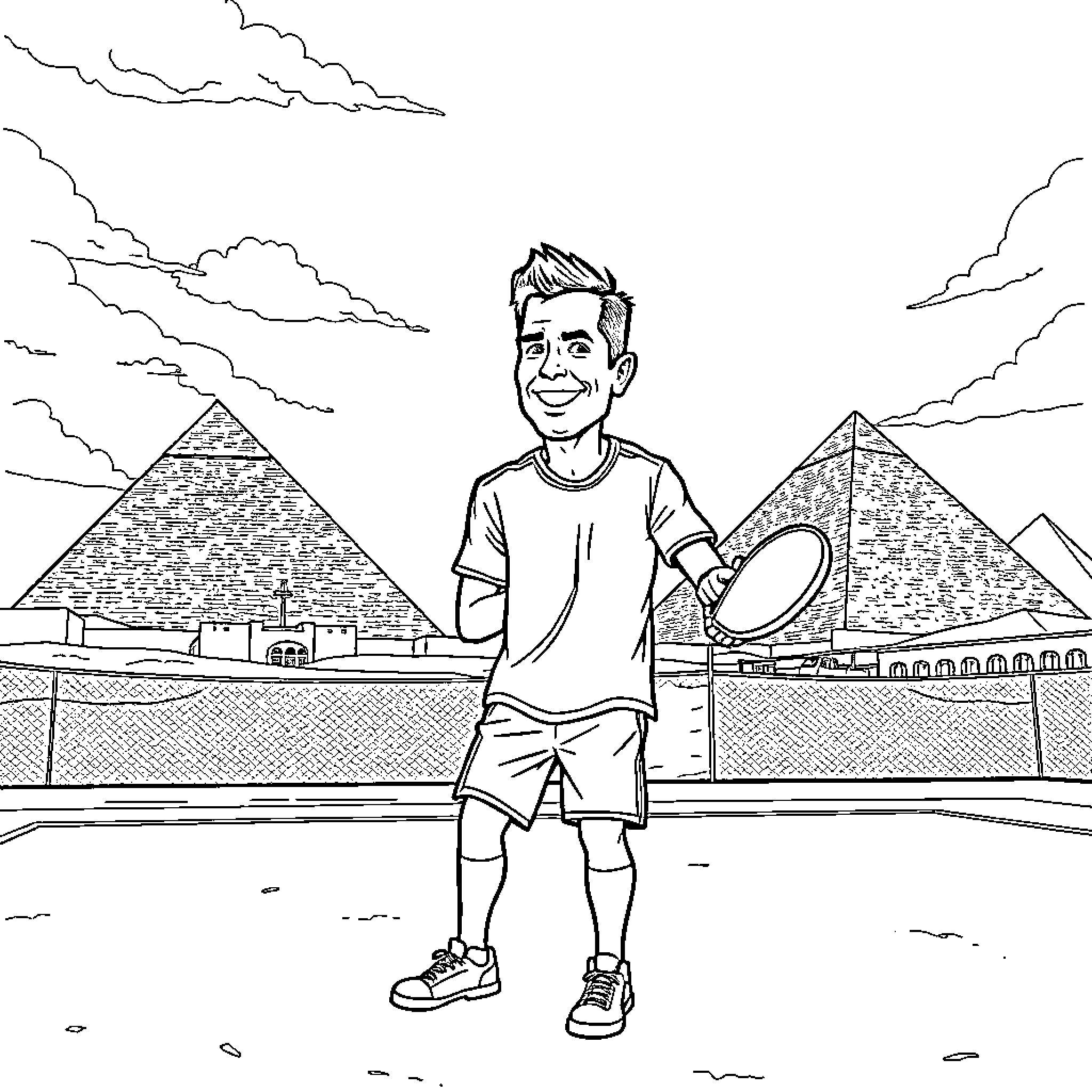 Tom Brady enjoys sightseeing at the Pyramids Coloring Page (free black-and-white line drawing printable PDF for all, from beginners to advanced learners, including children, teens, adults, and seniors)