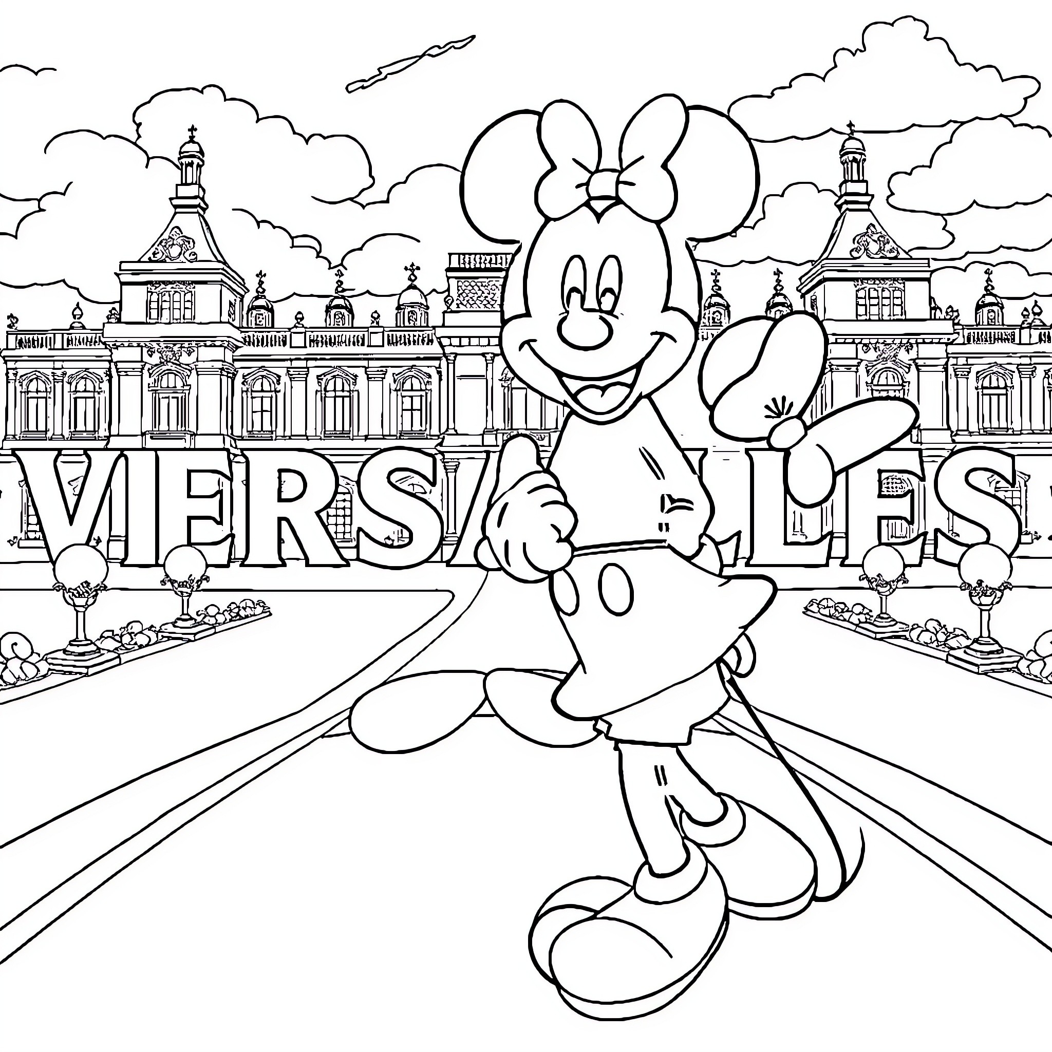 Mickey's Magical Adventure at Versailles Coloring Page (free black-and-white line drawing printable PDF for all, from beginners to advanced learners, including children, teens, adults, and seniors)