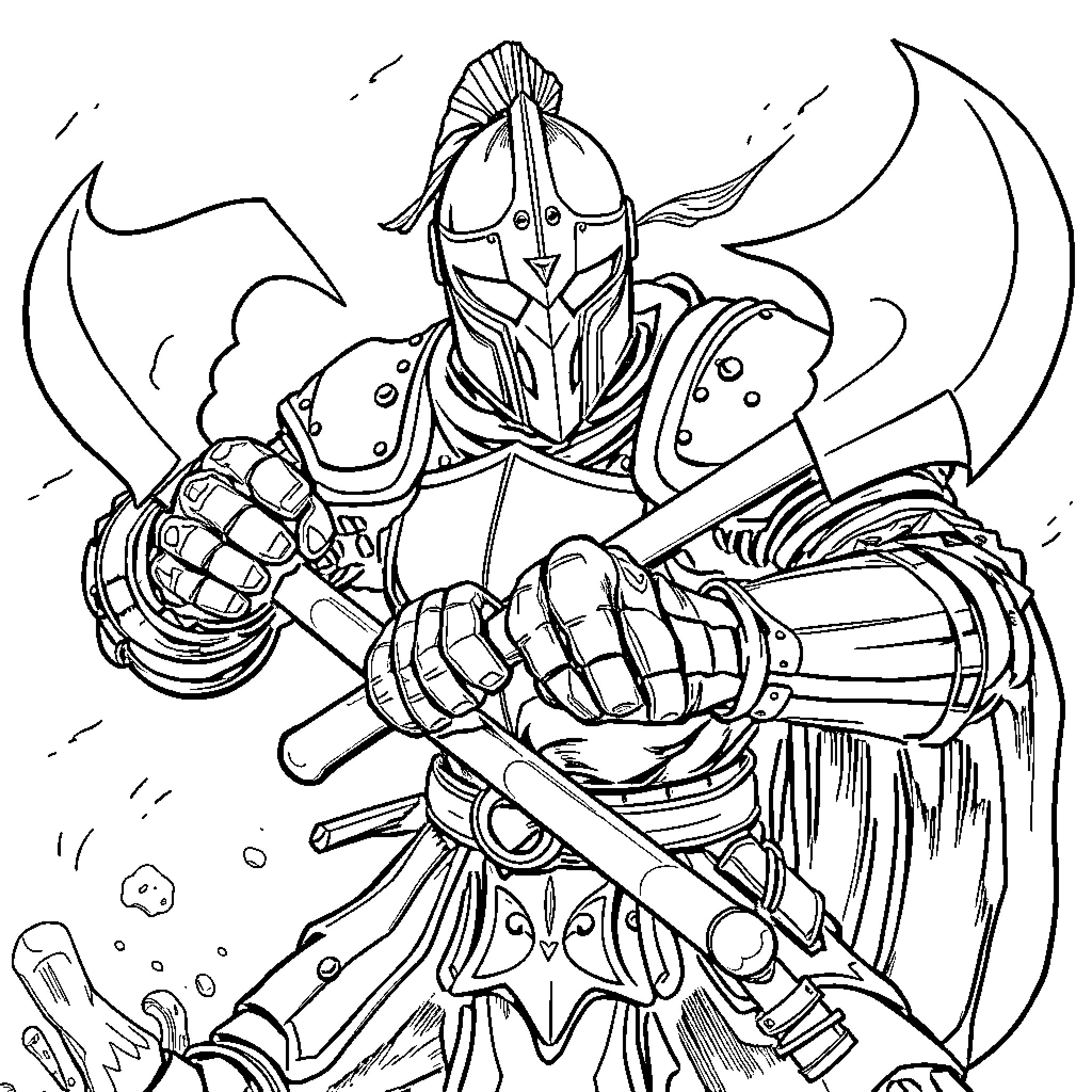 Knight in Armored Combat Stance with Weapons Coloring Page (free black-and-white line drawing printable PDF for all, from beginners to advanced learners, including children, teens, adults, and seniors)