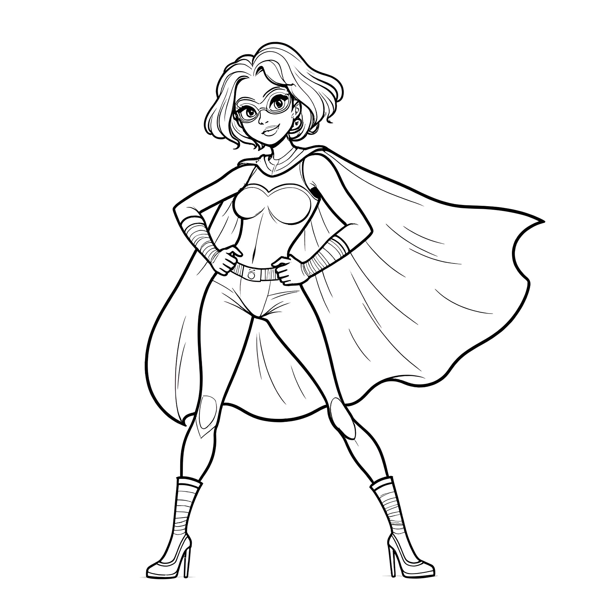 Mrs Rachel as a Superhero with Flowing Cape Coloring Page (free black-and-white line drawing printable PDF for all, from beginners to advanced learners, including children, teens, adults, and seniors)