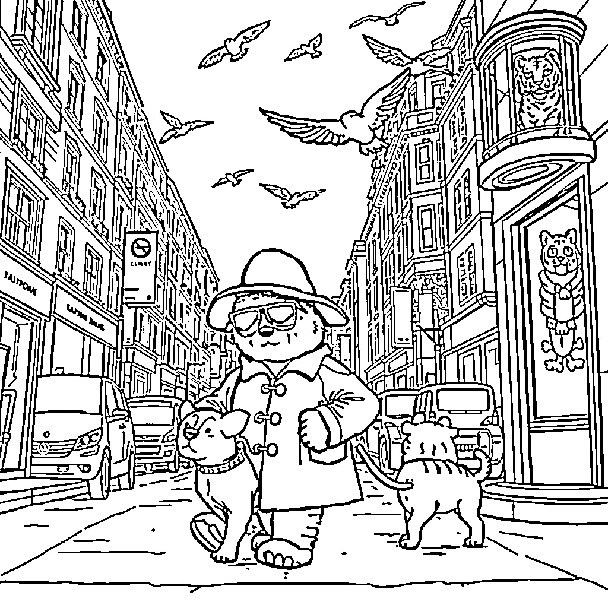 Paddington Exploring the Bustling City Streets Coloring Page (free black-and-white line drawing printable PDF for all, from beginners to advanced learners, including children, teens, adults, and seniors)