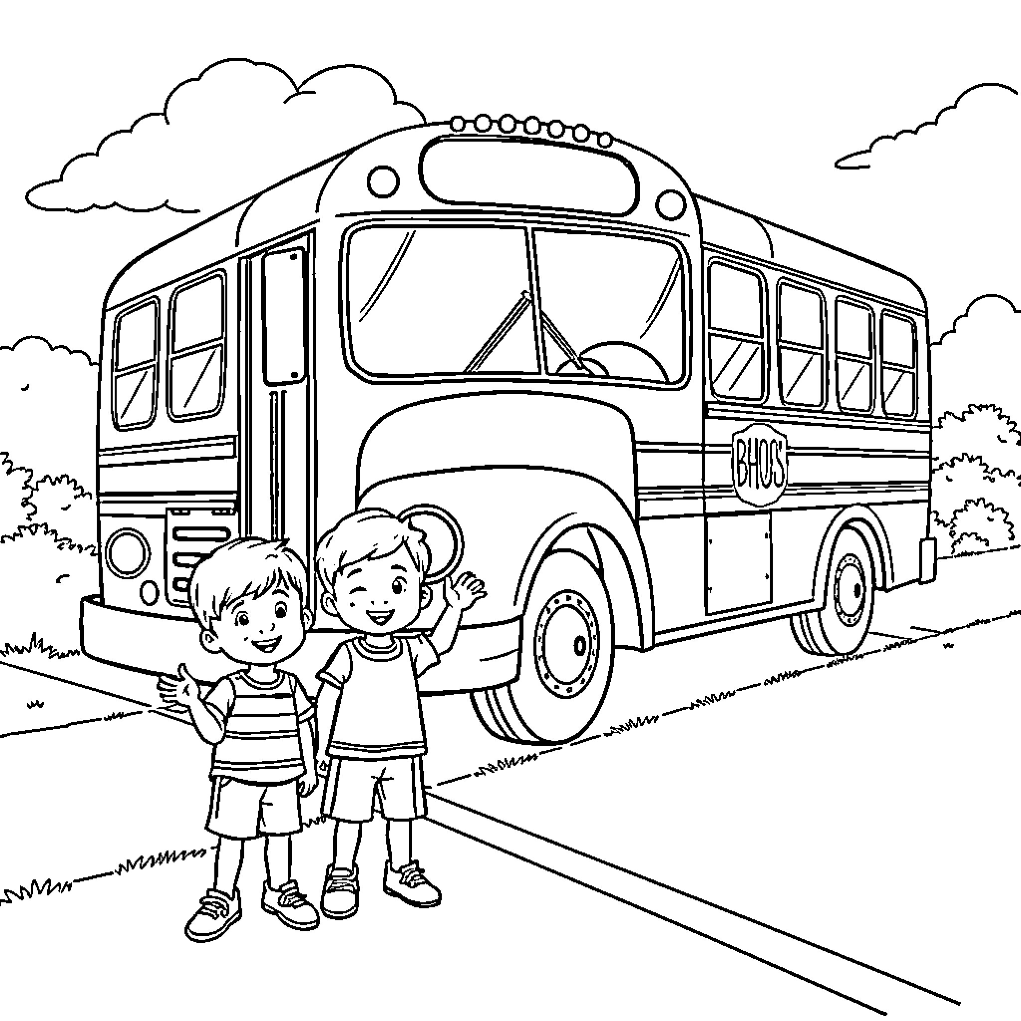 Bus with children waiting to board Coloring Page (free black-and-white line drawing printable PDF for all, from beginners to advanced learners, including children, teens, adults, and seniors)