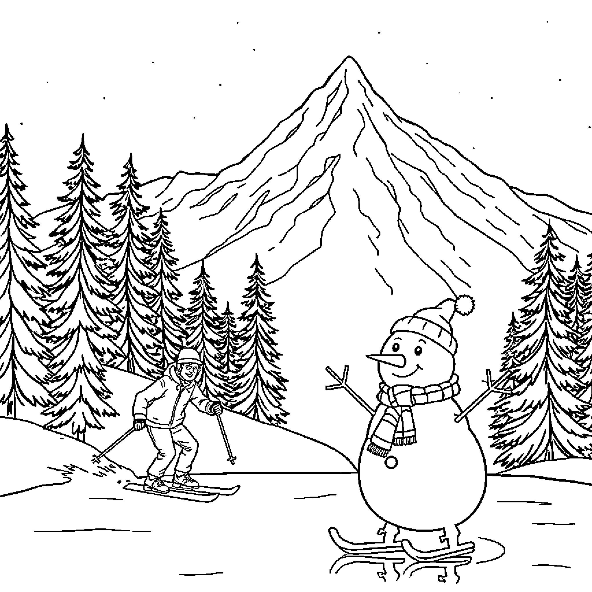 Man skiing and snowman enjoying winter landscape Coloring Page (free black-and-white line drawing printable PDF for all, from beginners to advanced learners, including children, teens, adults, and seniors)