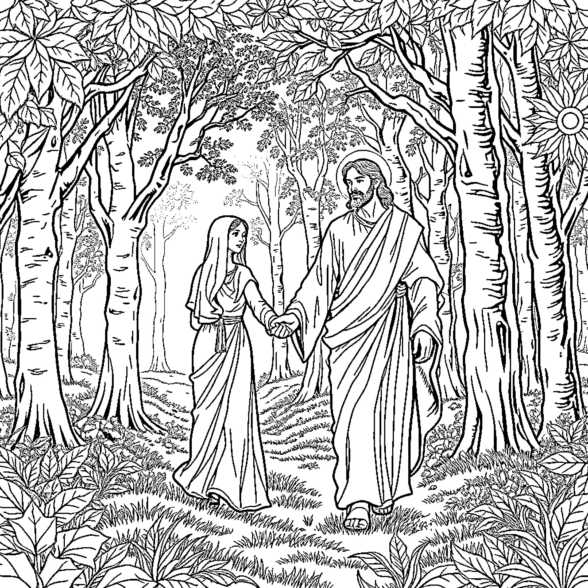 Mary Magdalene's Encounter with Jesus in the Garden Coloring Page (free black-and-white line drawing printable PDF for all, from beginners to advanced learners, including children, teens, adults, and seniors)
