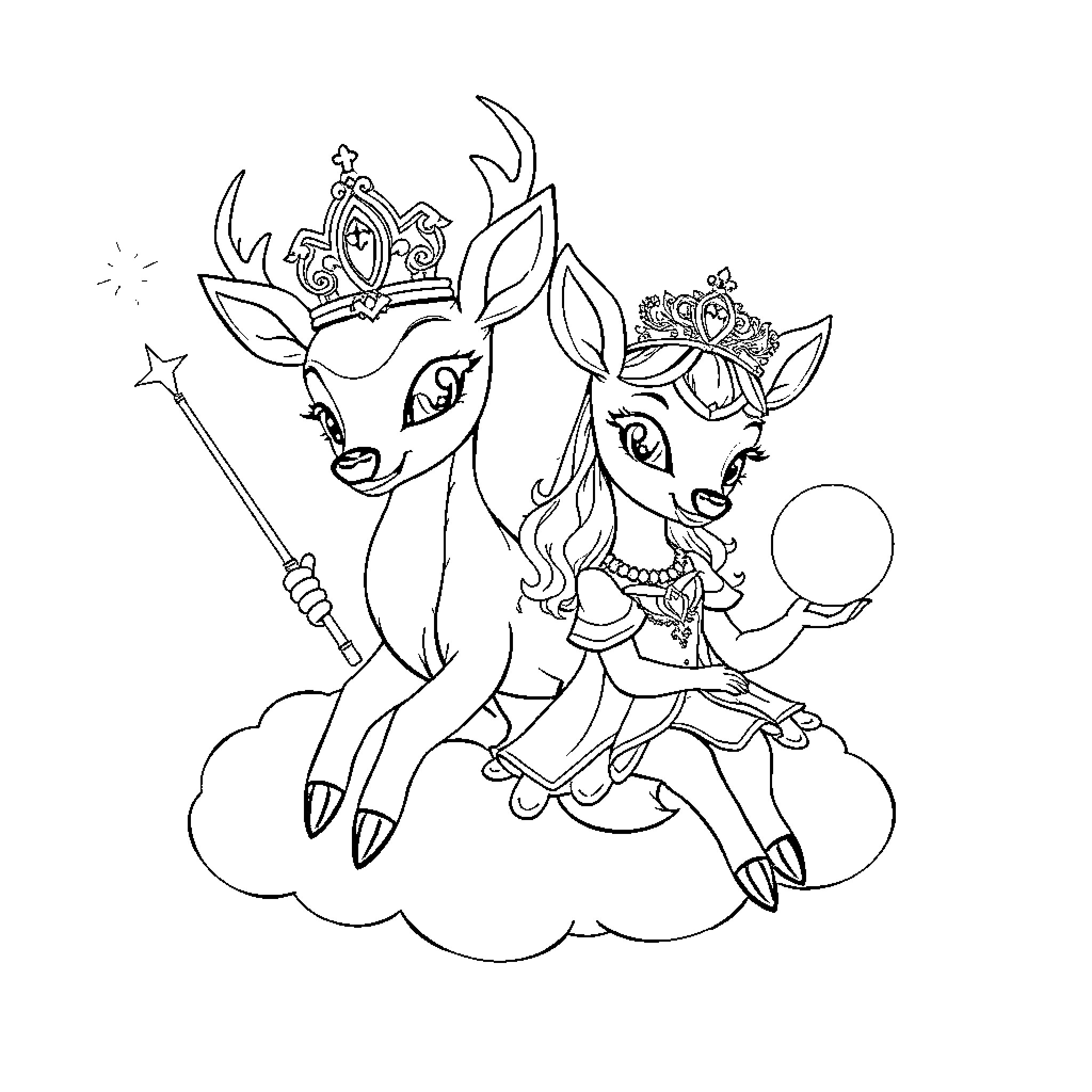 Deer princesses adorned with crowns and magic wands Coloring Page (free black-and-white line drawing printable PDF for all, from beginners to advanced learners, including children, teens, adults, and seniors)