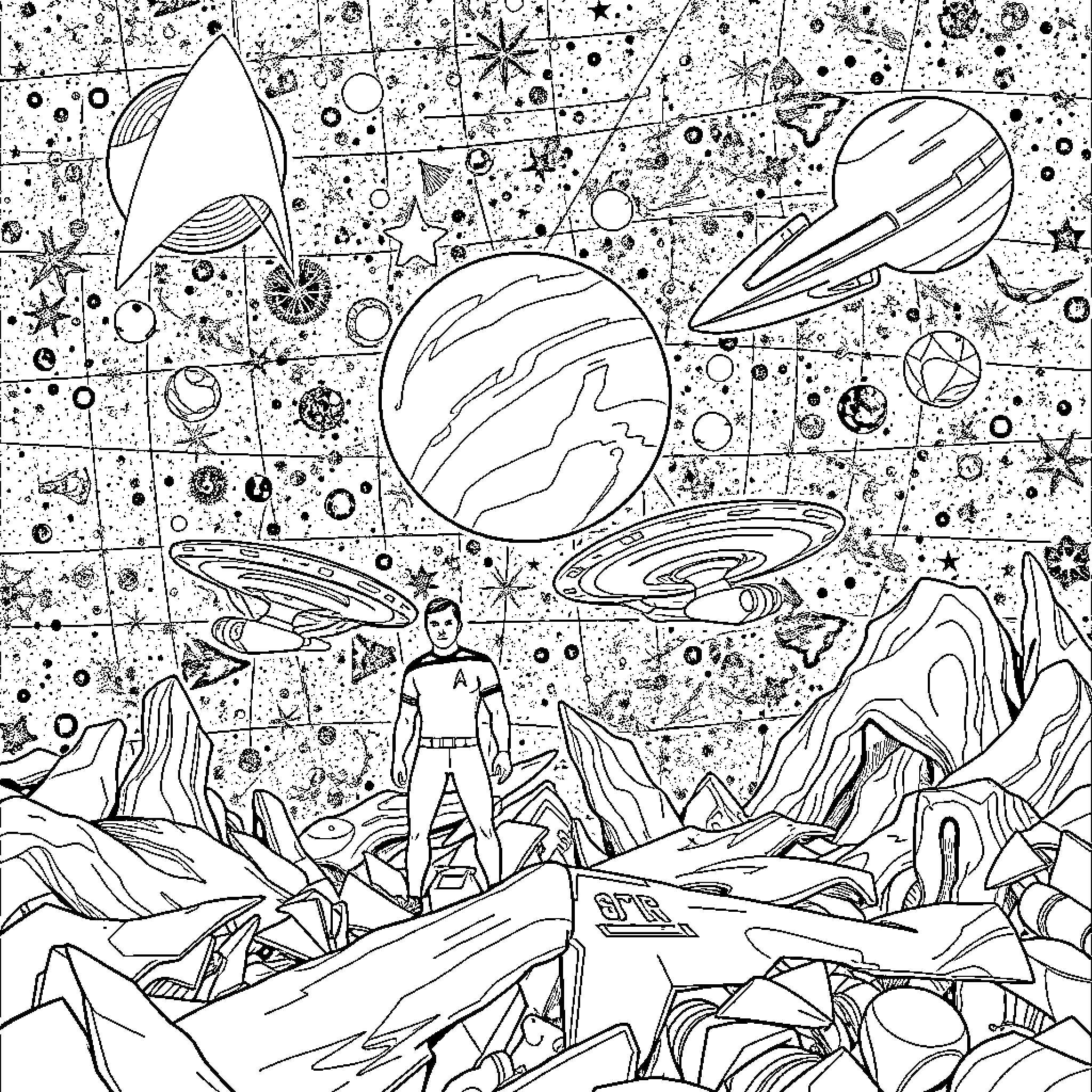 Star Trek: Intergalactic Adventure with Spacecraft and Planets Coloring Page (free black-and-white line drawing printable PDF for all, from beginners to advanced learners, including children, teens, adults, and seniors)