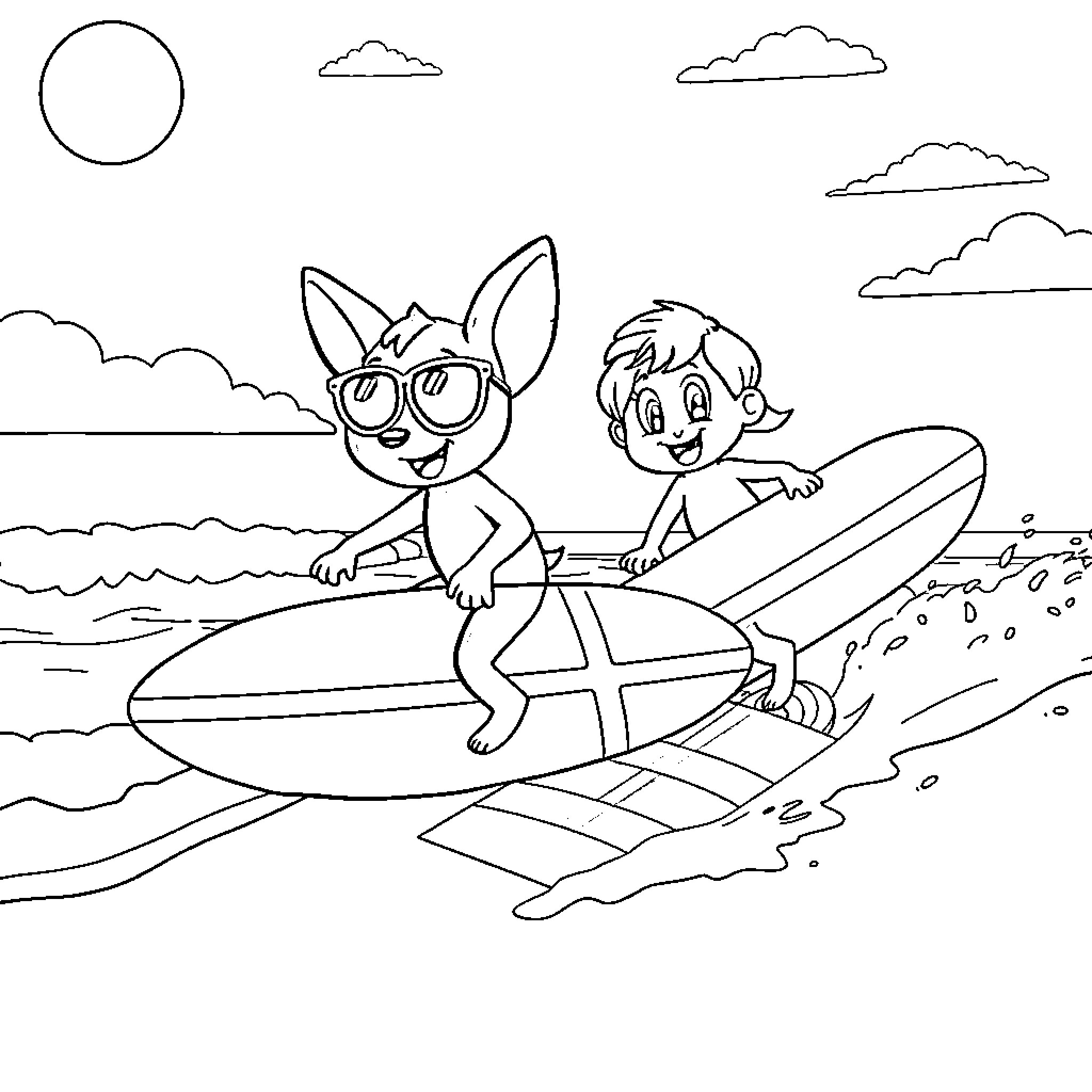 Bluey and friend enjoying a day at the beach Coloring Page (free black-and-white line drawing printable PDF for all, from beginners to advanced learners, including children, teens, adults, and seniors)