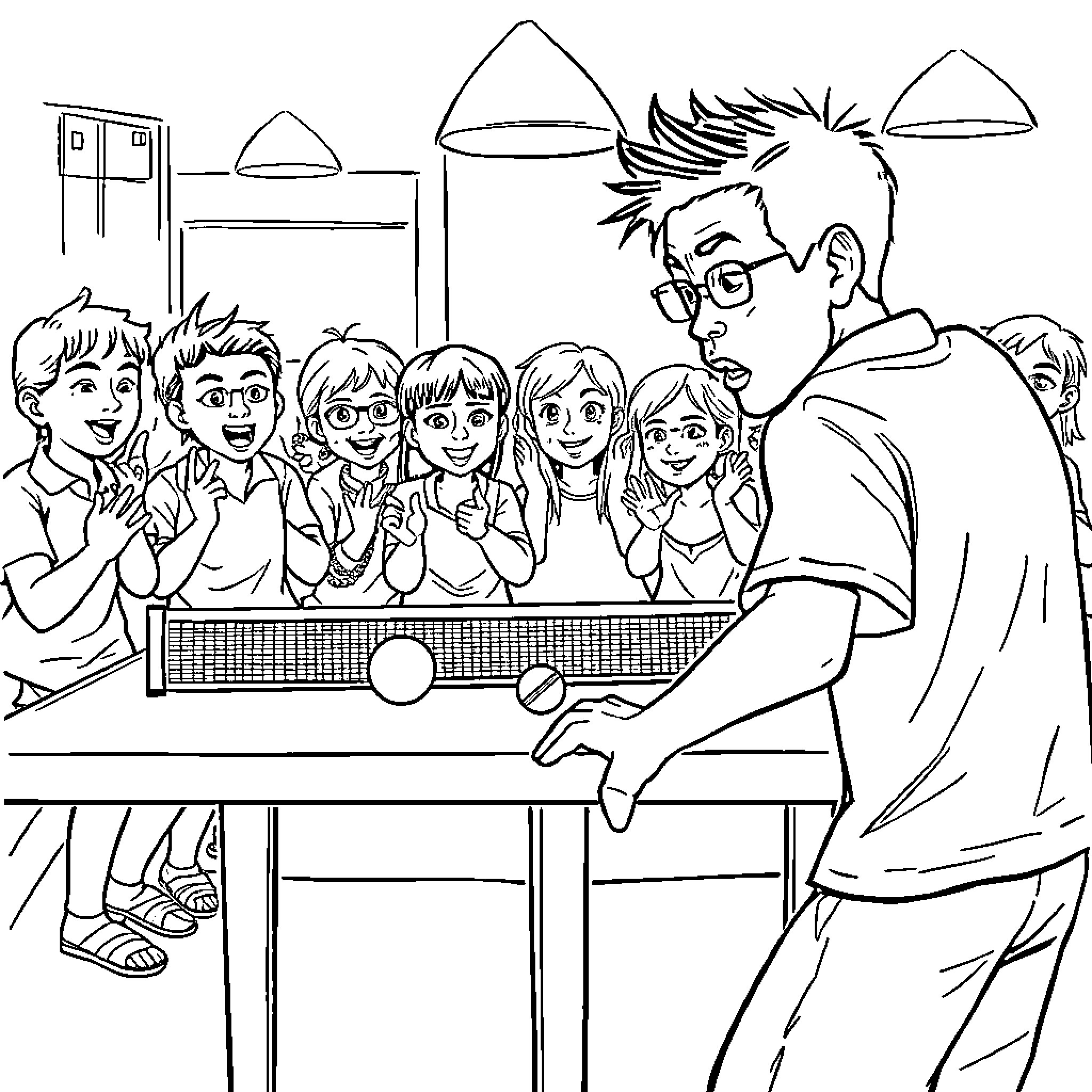 Table Tennis Tournament with Enthusiastic Participants Coloring Page (free black-and-white line drawing printable PDF for all, from beginners to advanced learners, including children, teens, adults, and seniors)