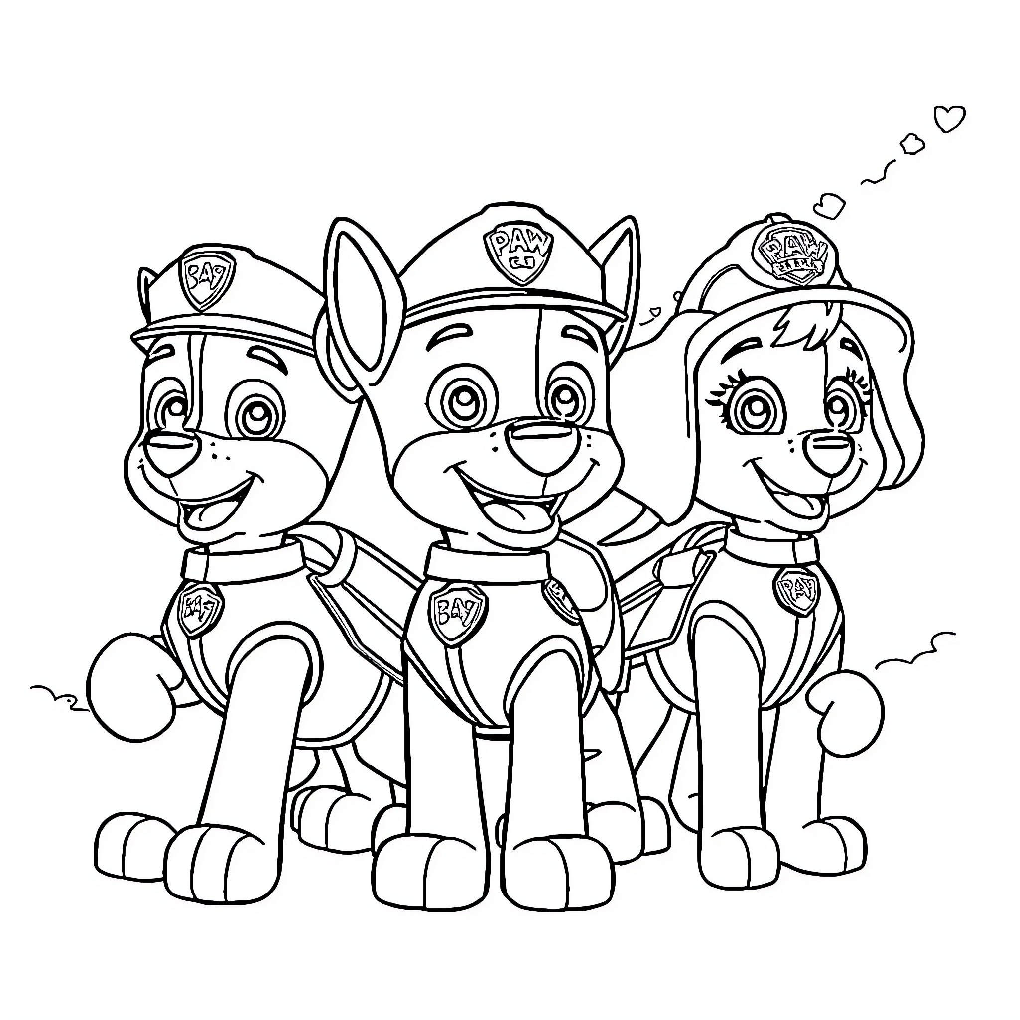 Paw Patrol's Cheerful Team in Action Coloring Page (free black-and-white line drawing printable PDF for all, from beginners to advanced learners, including children, teens, adults, and seniors)
