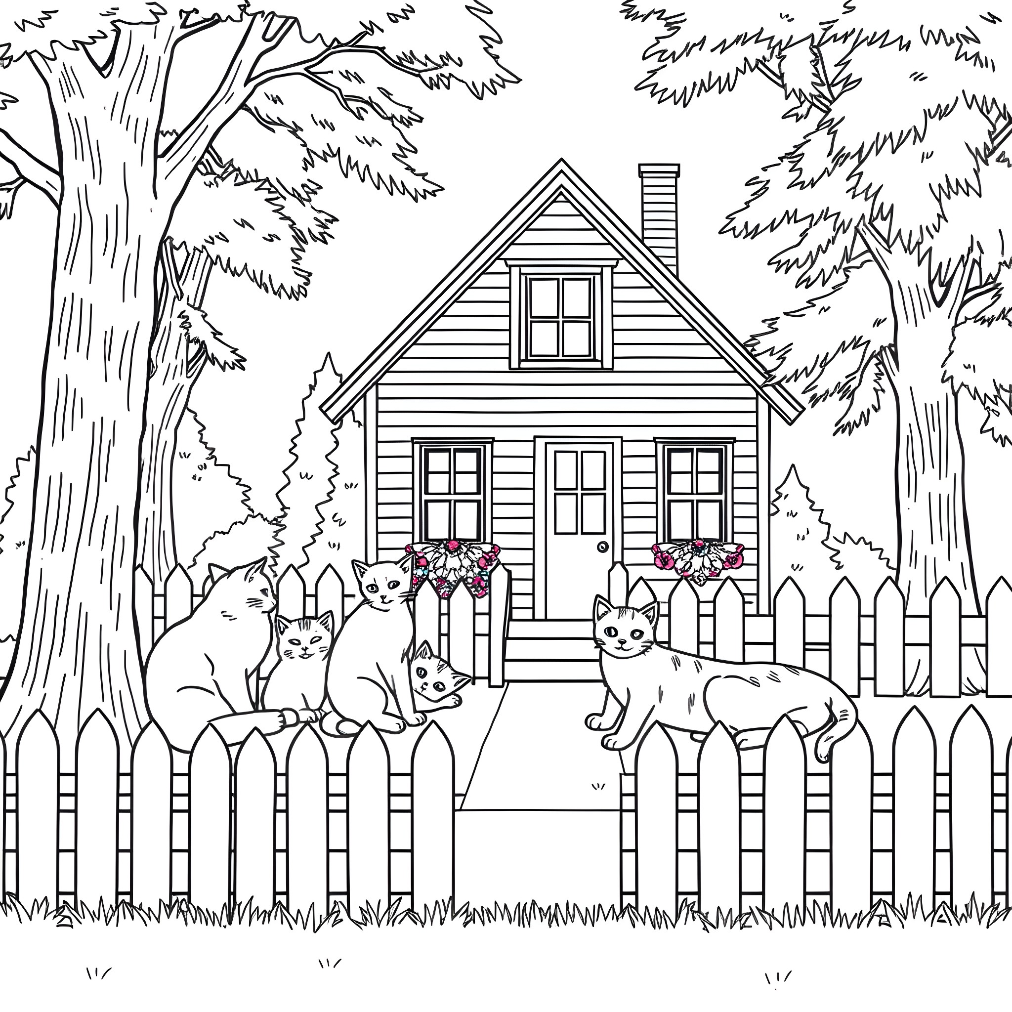 Cats relaxing in the cozy cottage garden Coloring Page (free black-and-white line drawing printable PDF for all, from beginners to advanced learners, including children, teens, adults, and seniors)