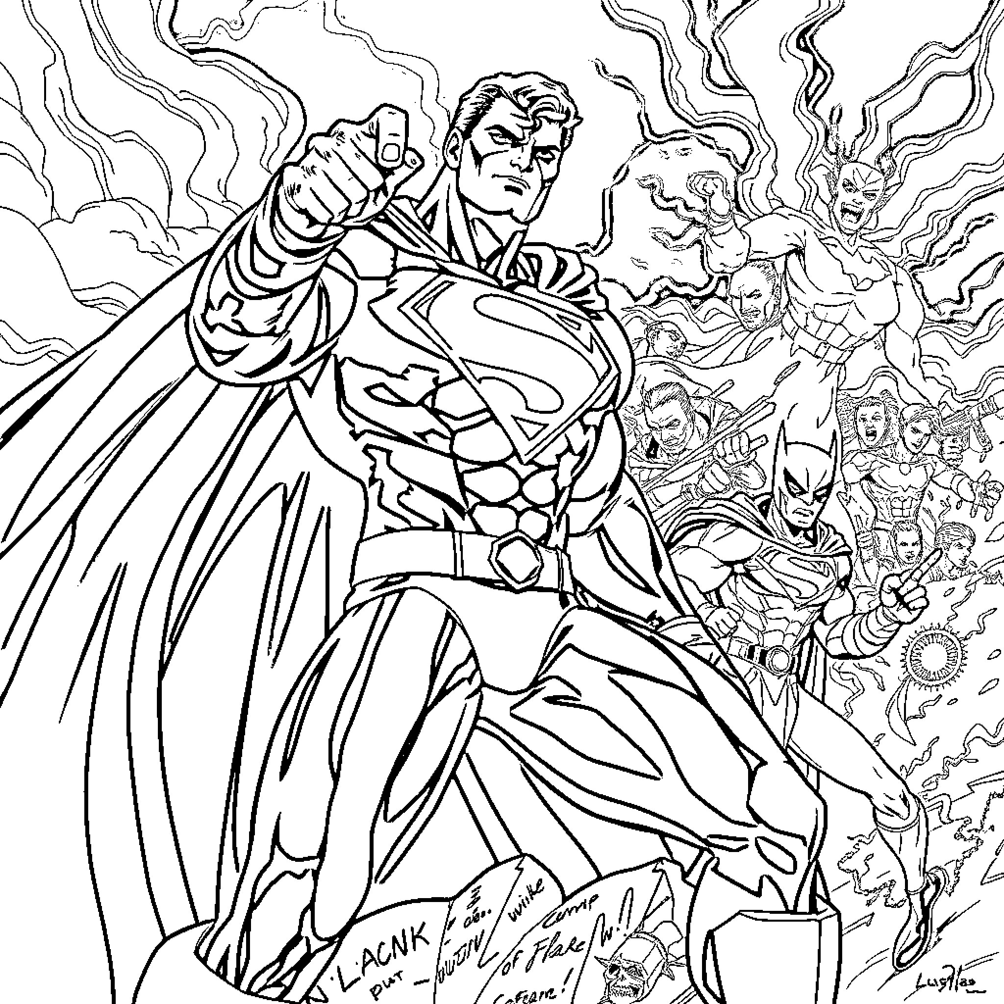 Superman fighting villains in action-packed scene Coloring Page (free black-and-white line drawing printable PDF for all, from beginners to advanced learners, including children, teens, adults, and seniors)