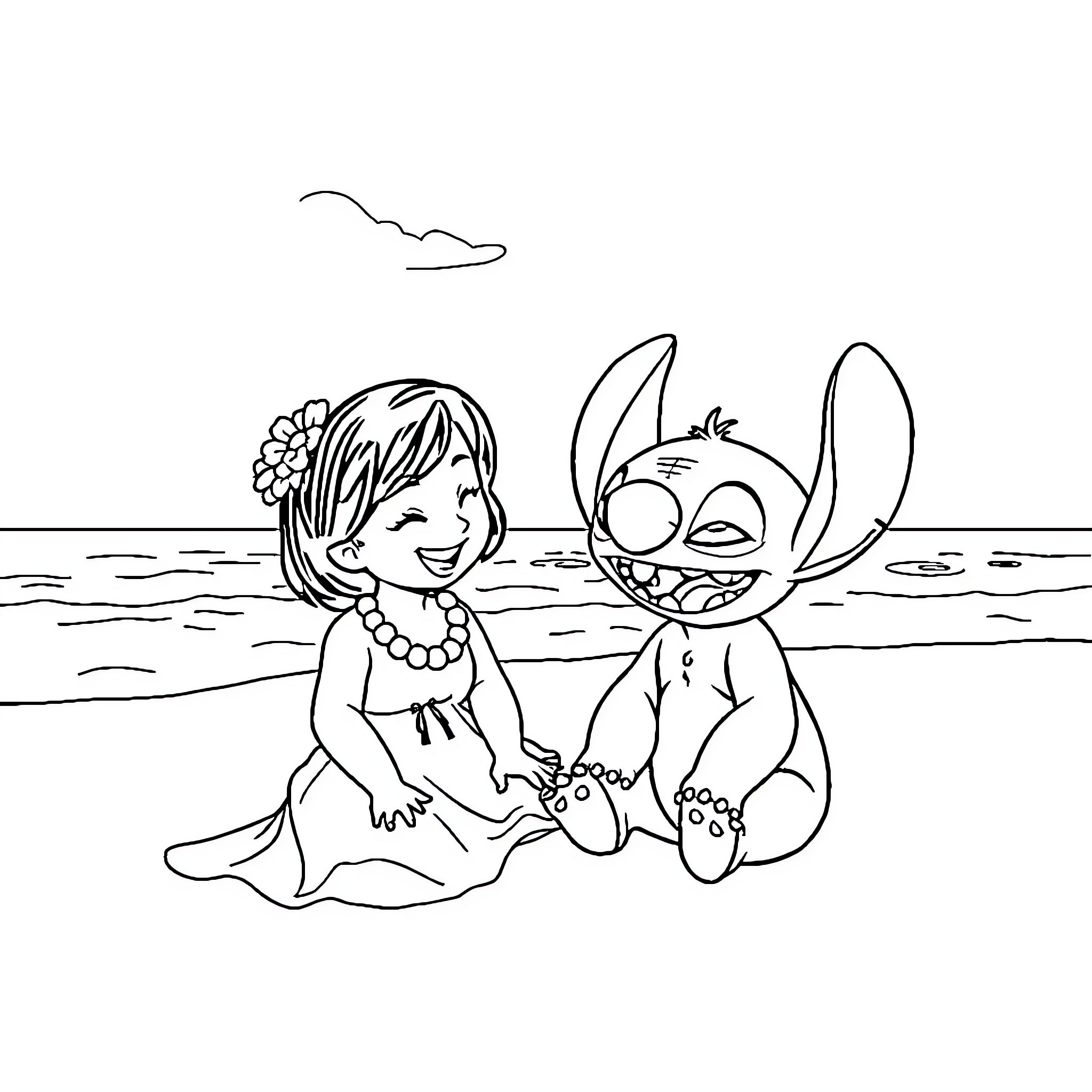 Lilo and Stitch playing joyfully on the beach Coloring Page (free black-and-white line drawing printable PDF for all, from beginners to advanced learners, including children, teens, adults, and seniors)