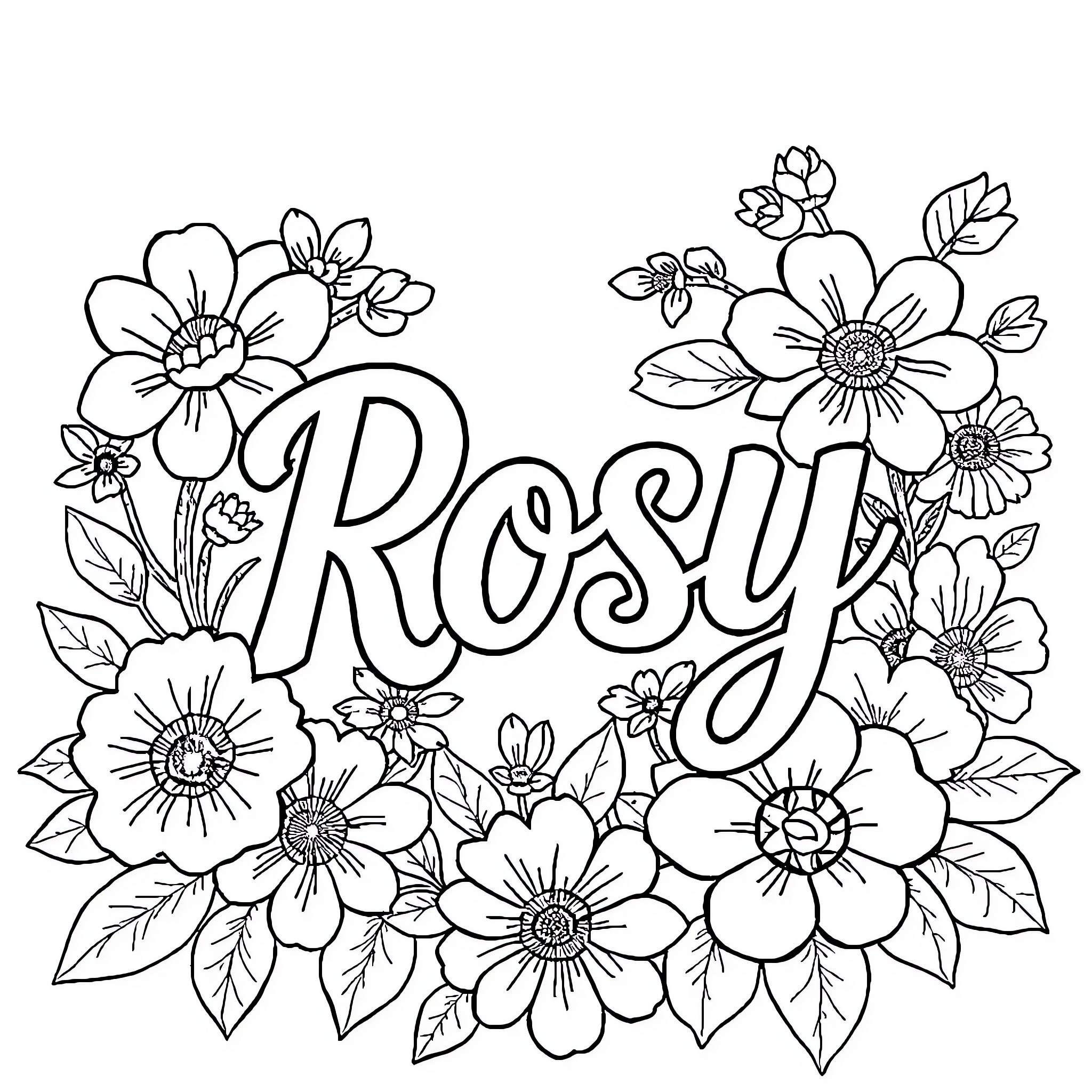 Rosy floral doodle with stylized name Coloring Page (free black-and-white line drawing printable PDF for all, from beginners to advanced learners, including children, teens, adults, and seniors)