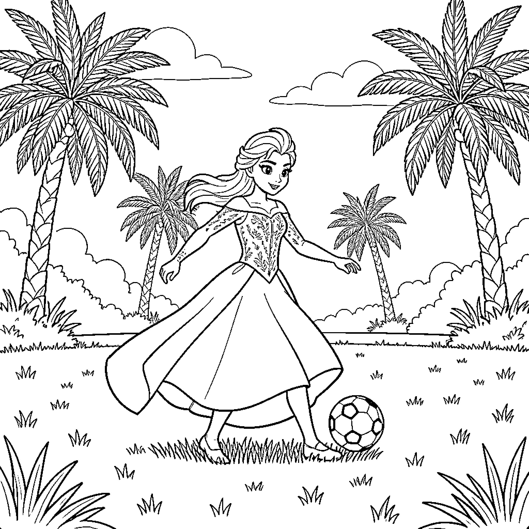 Princess playing soccer amidst tropical palm trees Coloring Page (free black-and-white line drawing printable PDF for all, from beginners to advanced learners, including children, teens, adults, and seniors)