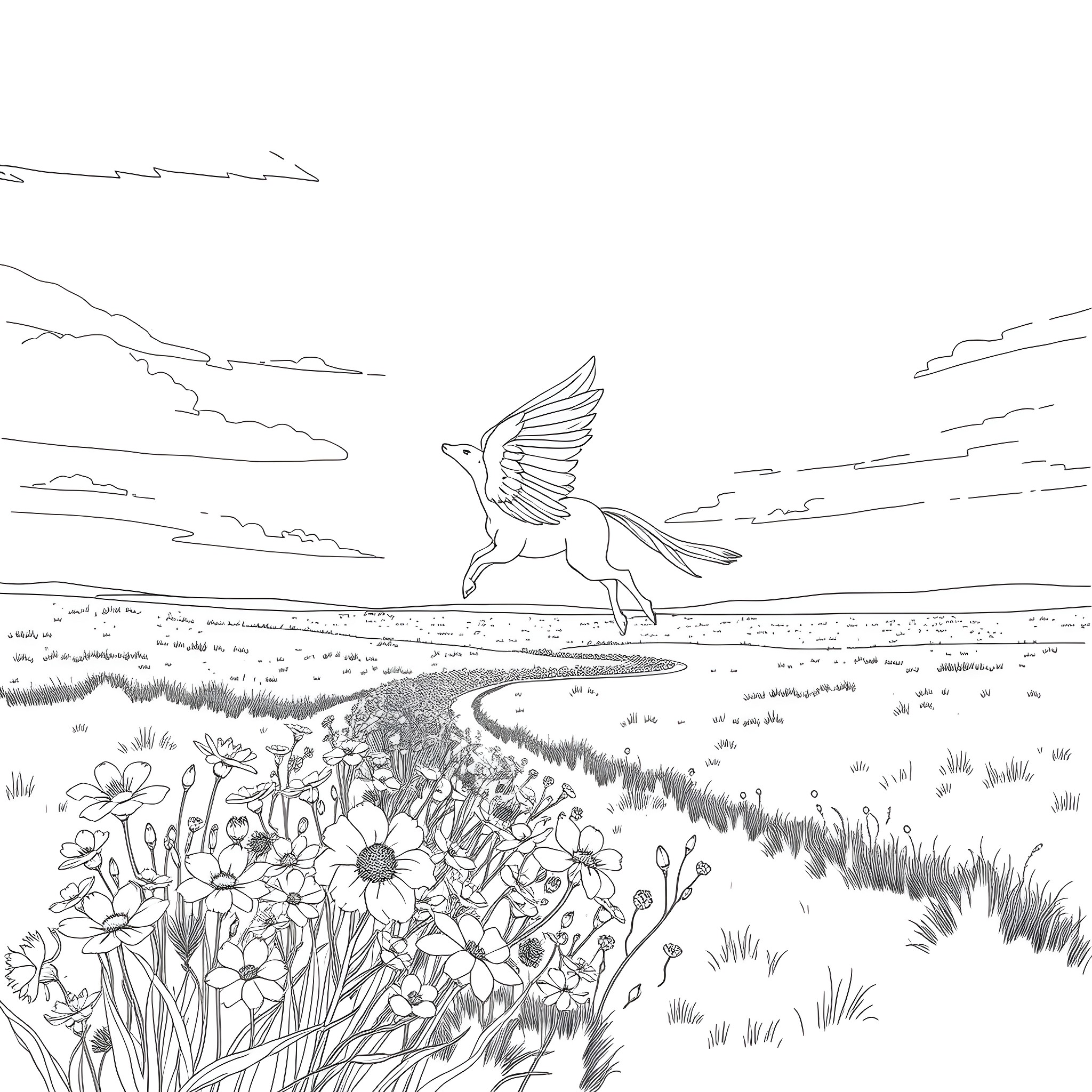Great Spirit Soaring Above Enchanted Meadow Coloring Page (free black-and-white line drawing printable PDF for all, from beginners to advanced learners, including children, teens, adults, and seniors)
