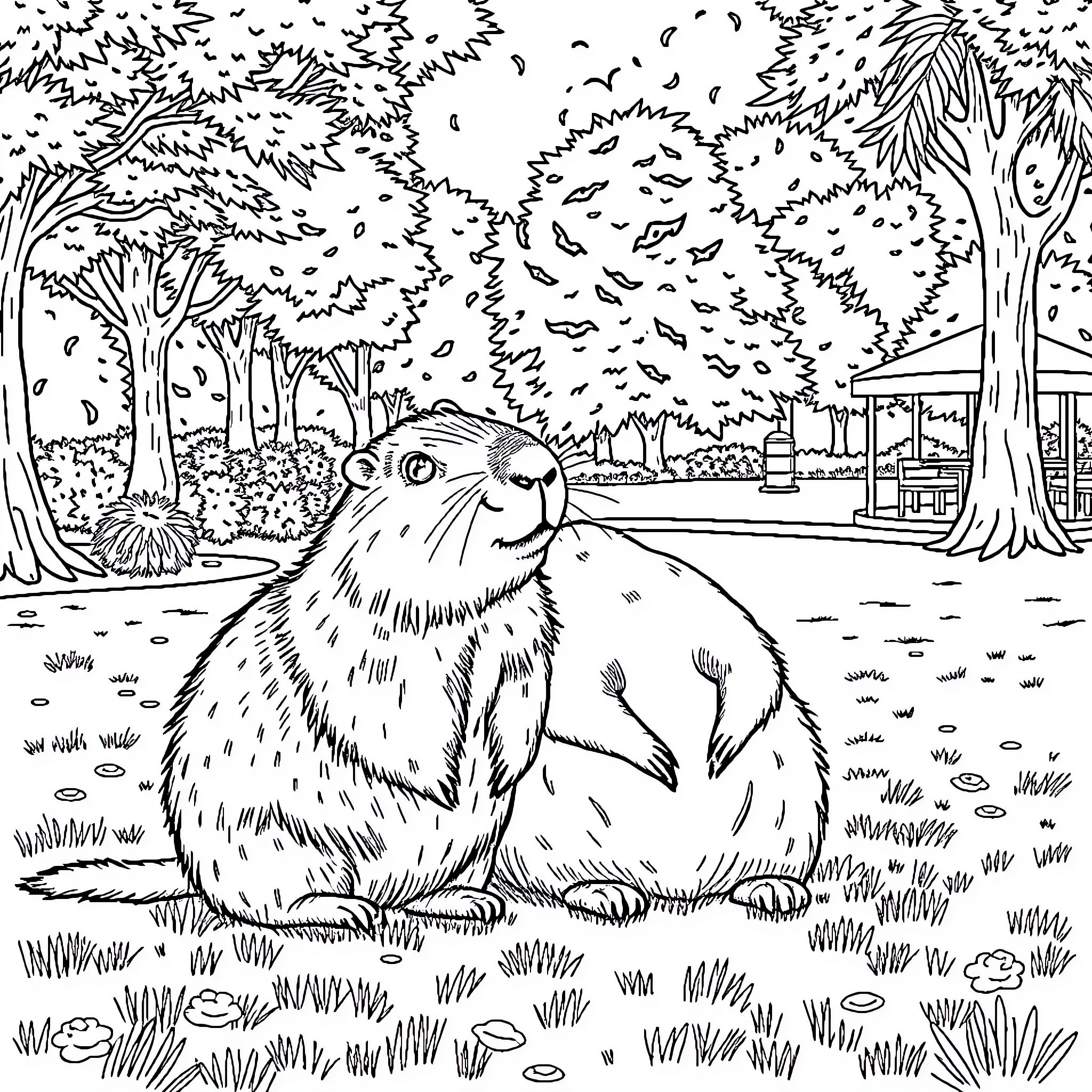 Capybara enjoying a peaceful day in the forest Coloring Page (free black-and-white line drawing printable PDF for all, from beginners to advanced learners, including children, teens, adults, and seniors)