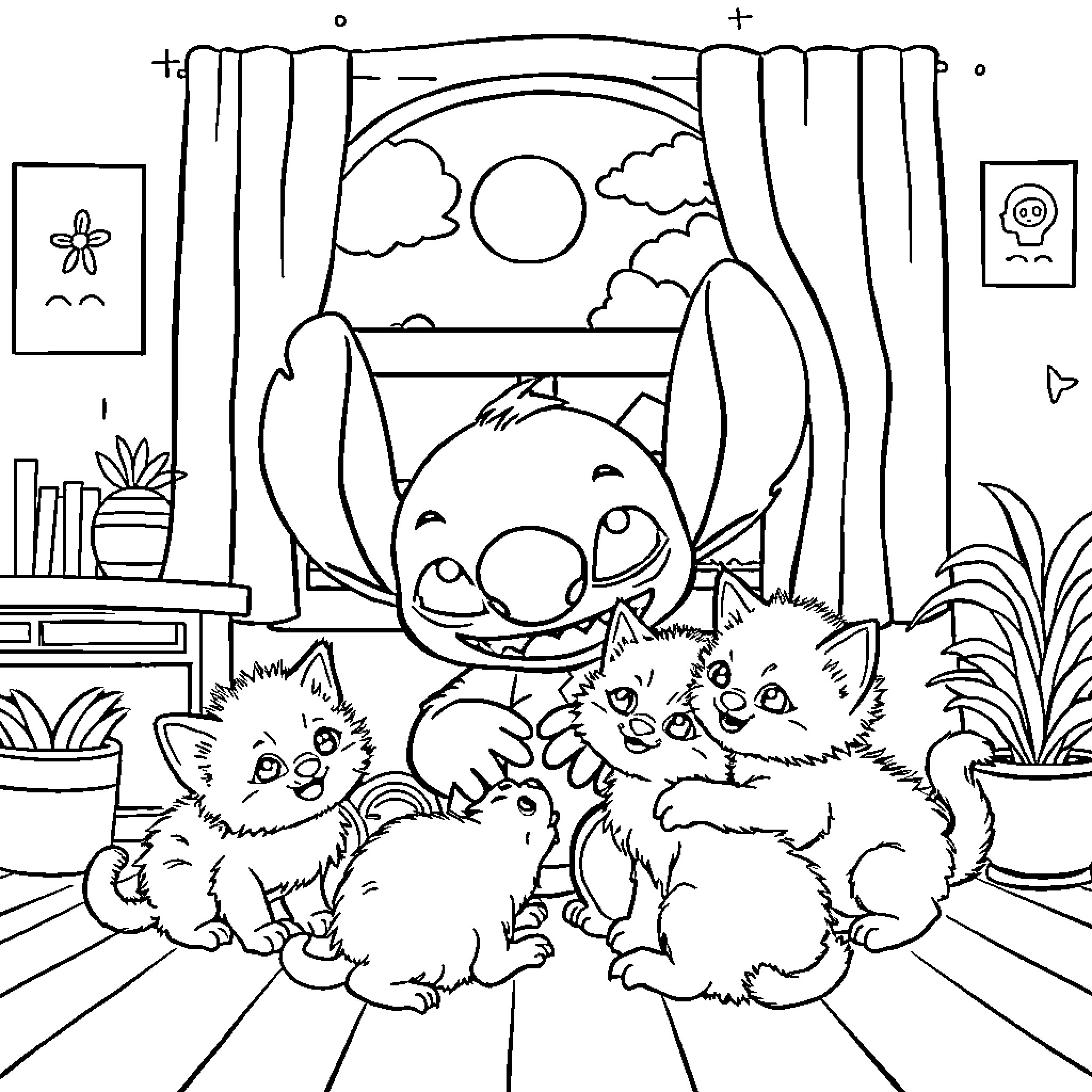 Stitch playing with kittens in a cozy home Coloring Page (free black-and-white line drawing printable PDF for all, from beginners to advanced learners, including children, teens, adults, and seniors)