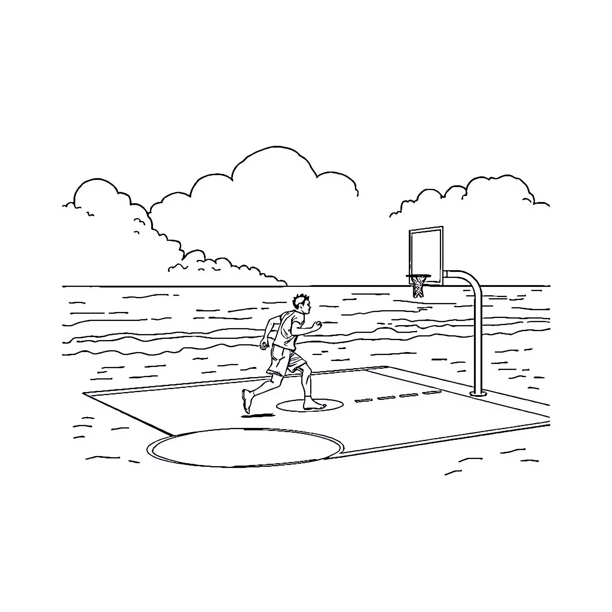 Footballer running on outdoor court in nature Coloring Page (free black-and-white line drawing printable PDF for all, from beginners to advanced learners, including children, teens, adults, and seniors)