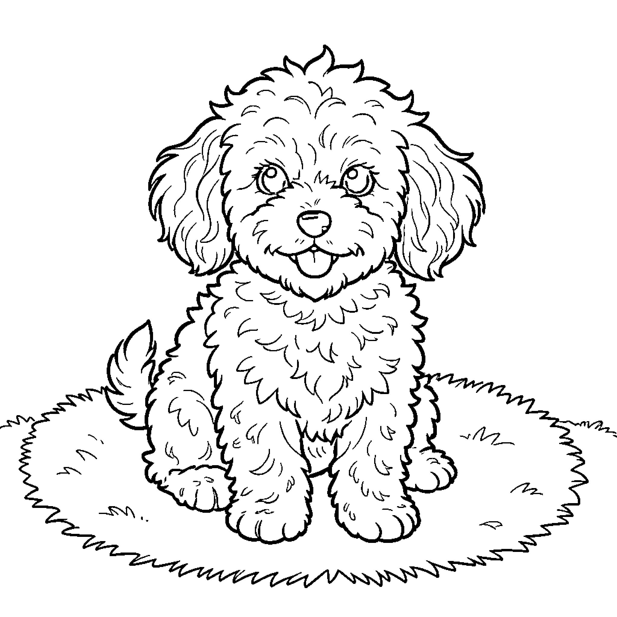Cavoodle sitting happily on a patch of grass Coloring Page (free black-and-white line drawing printable PDF for all, from beginners to advanced learners, including children, teens, adults, and seniors)