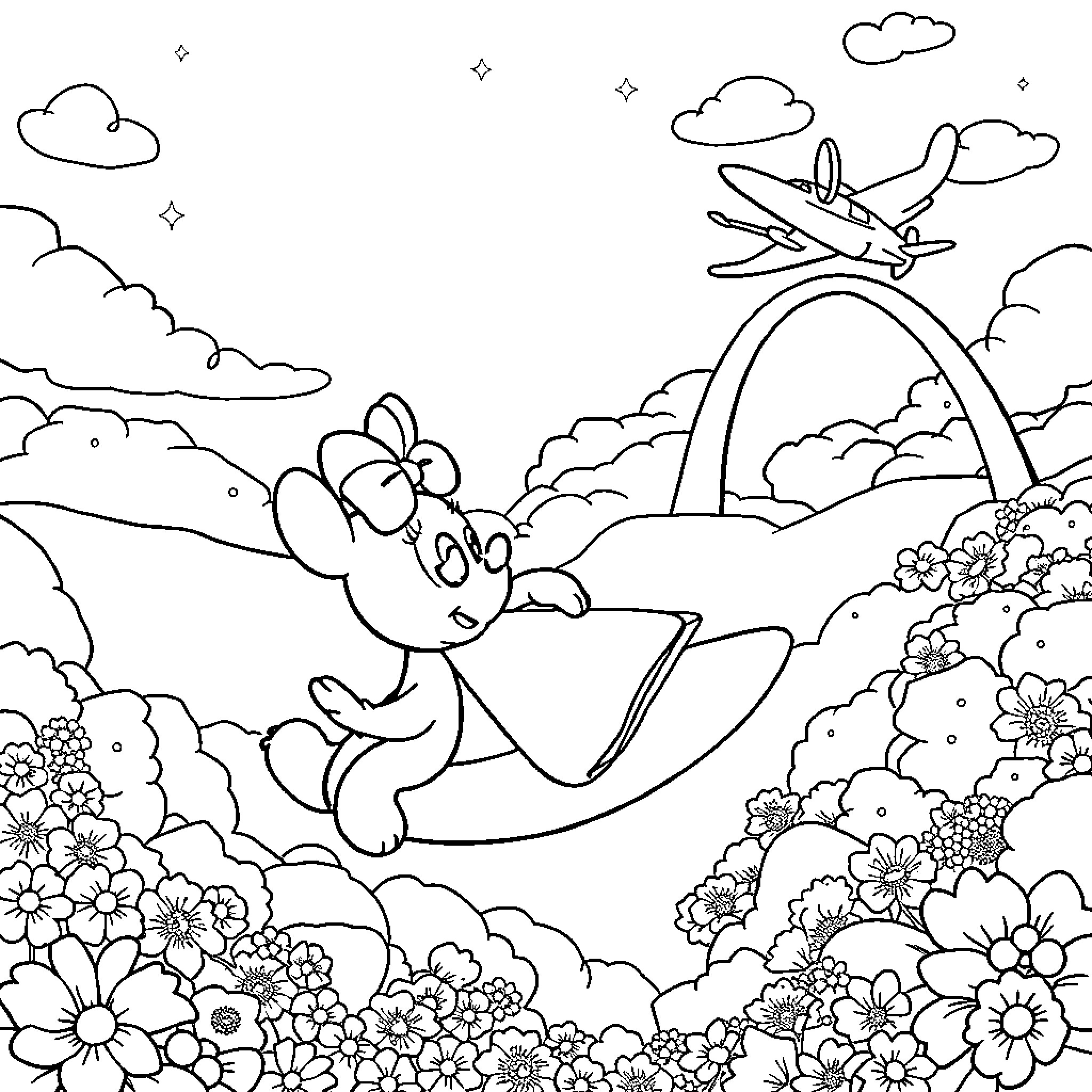 Minnie soaring through the clouds with joy Coloring Page (free black-and-white line drawing printable PDF for all, from beginners to advanced learners, including children, teens, adults, and seniors)