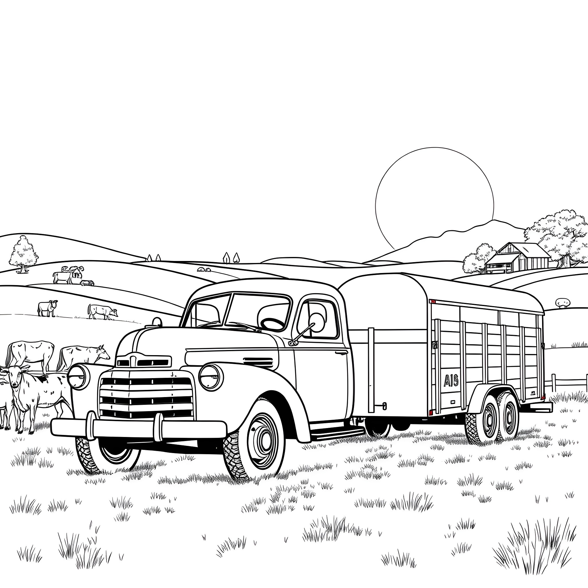 Pickup Truck Transporting Livestock in Rural Landscape Coloring Page (free black-and-white line drawing printable PDF for all, from beginners to advanced learners, including children, teens, adults, and seniors)