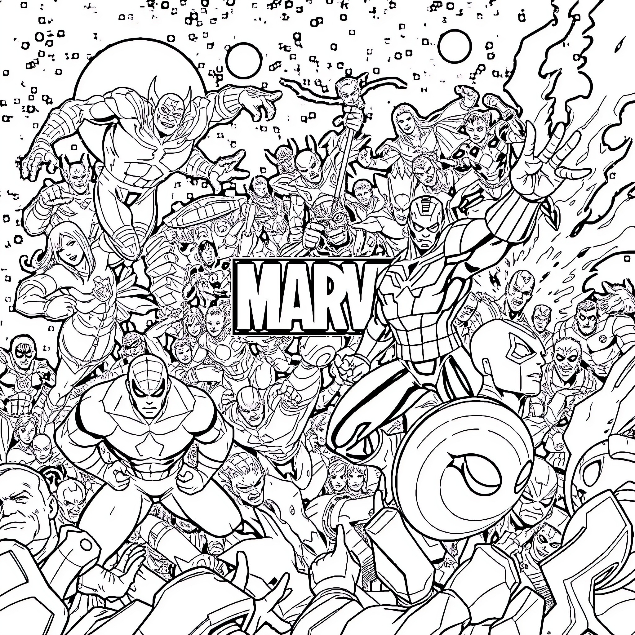 Marvel Superheroes in Epic Battle Scenes Coloring Page (free black-and-white line drawing printable PDF for all, from beginners to advanced learners, including children, teens, adults, and seniors)