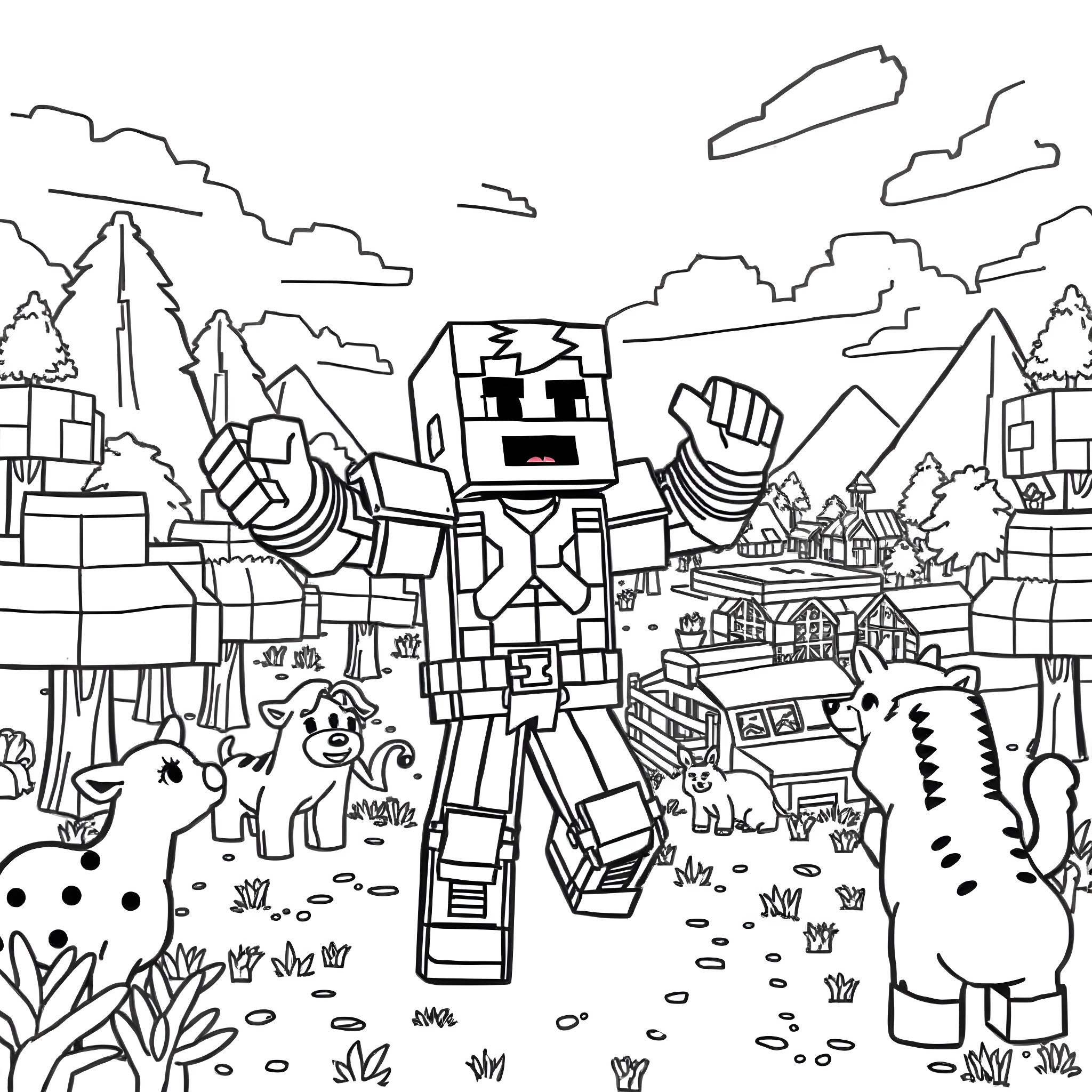 Steve's Robotic Adventure in a Whimsical Landscape Coloring Page (free black-and-white line drawing printable PDF for all, from beginners to advanced learners, including children, teens, adults, and seniors)