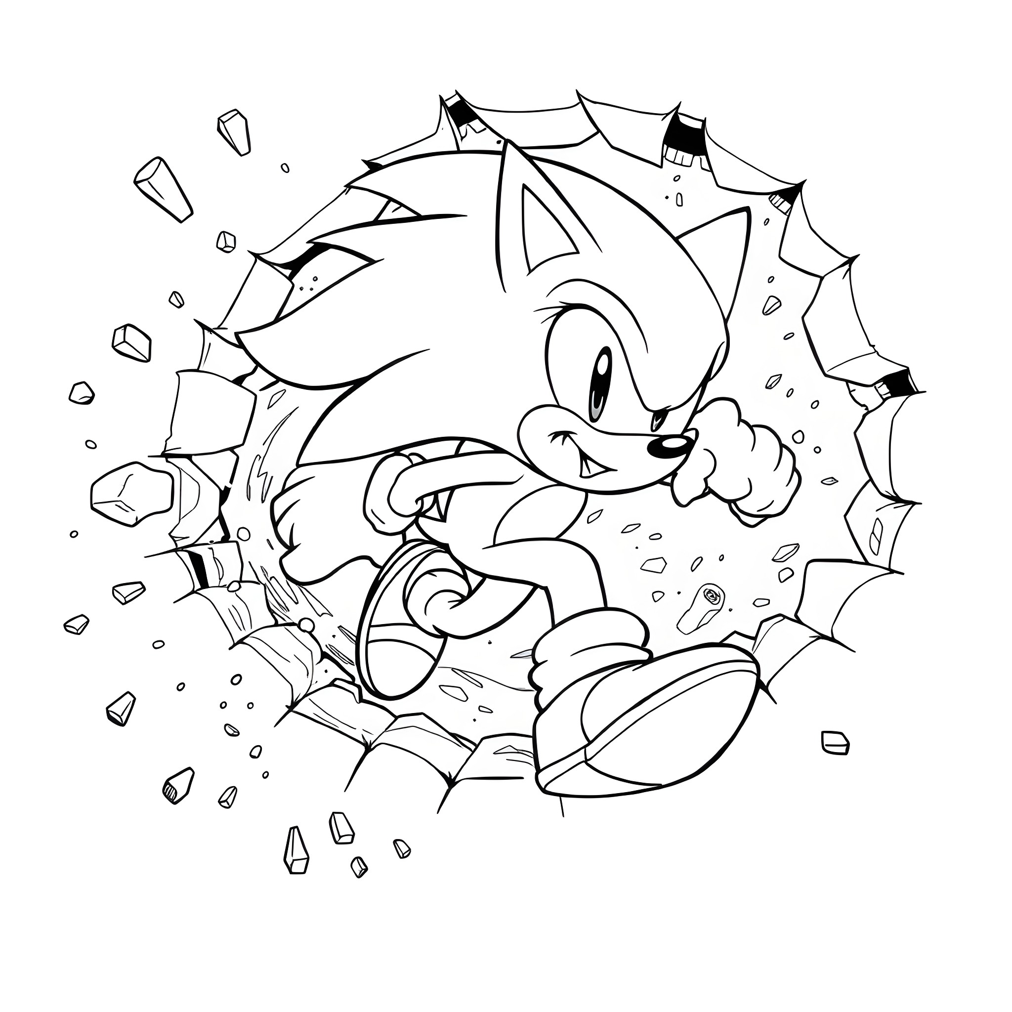 Sonic breaking through the wall Coloring Page (free black-and-white line drawing printable PDF for all, from beginners to advanced learners, including children, teens, adults, and seniors)