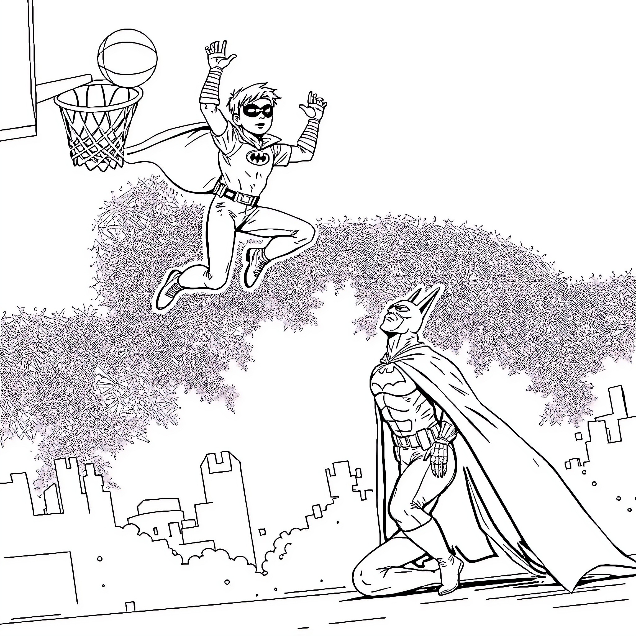 Robin's High-Flying Basketball Game with Batman Coloring Page (free black-and-white line drawing printable PDF for all, from beginners to advanced learners, including children, teens, adults, and seniors)