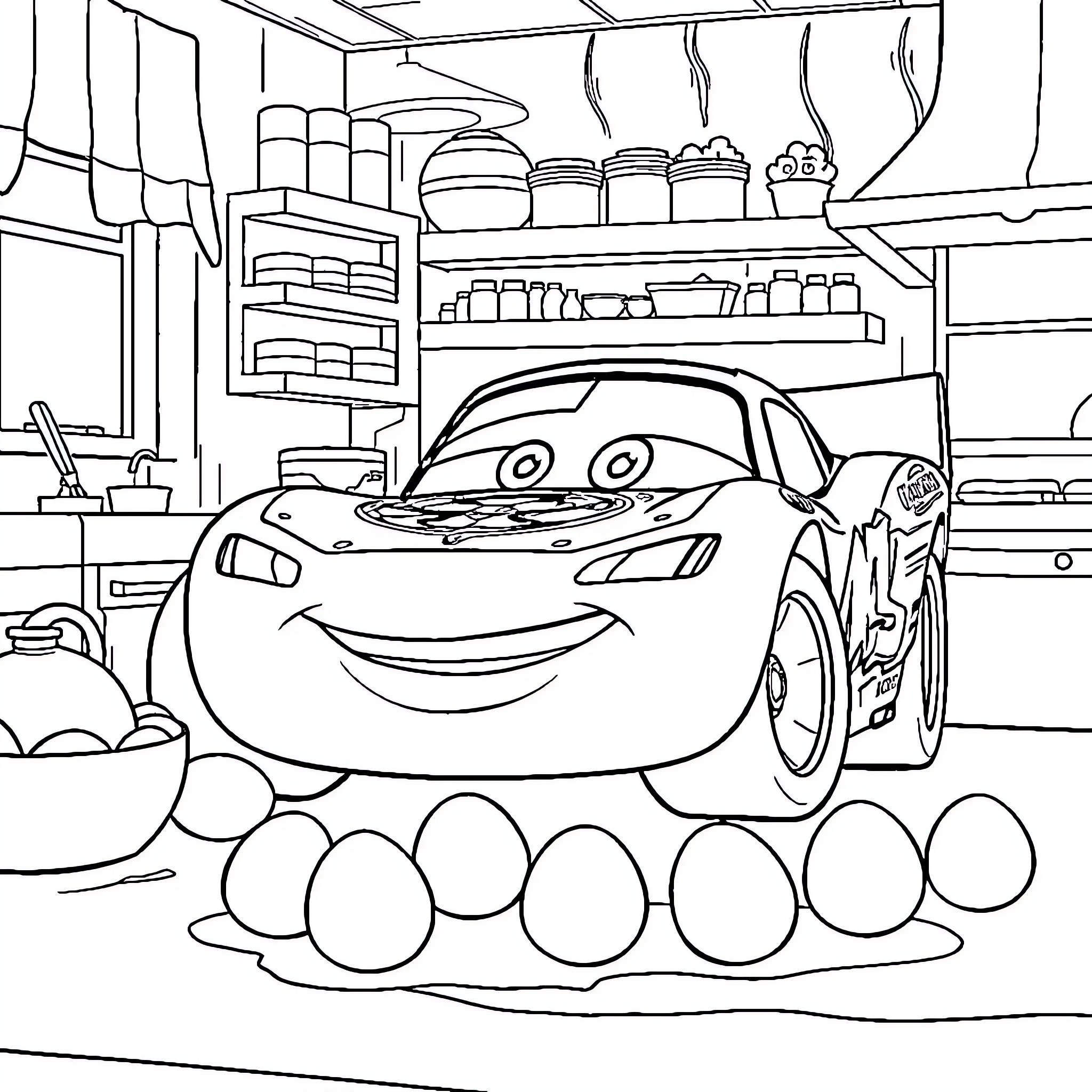 Lightning McQueen in the Cozy Garage Coloring Page (free black-and-white line drawing printable PDF for all, from beginners to advanced learners, including children, teens, adults, and seniors)