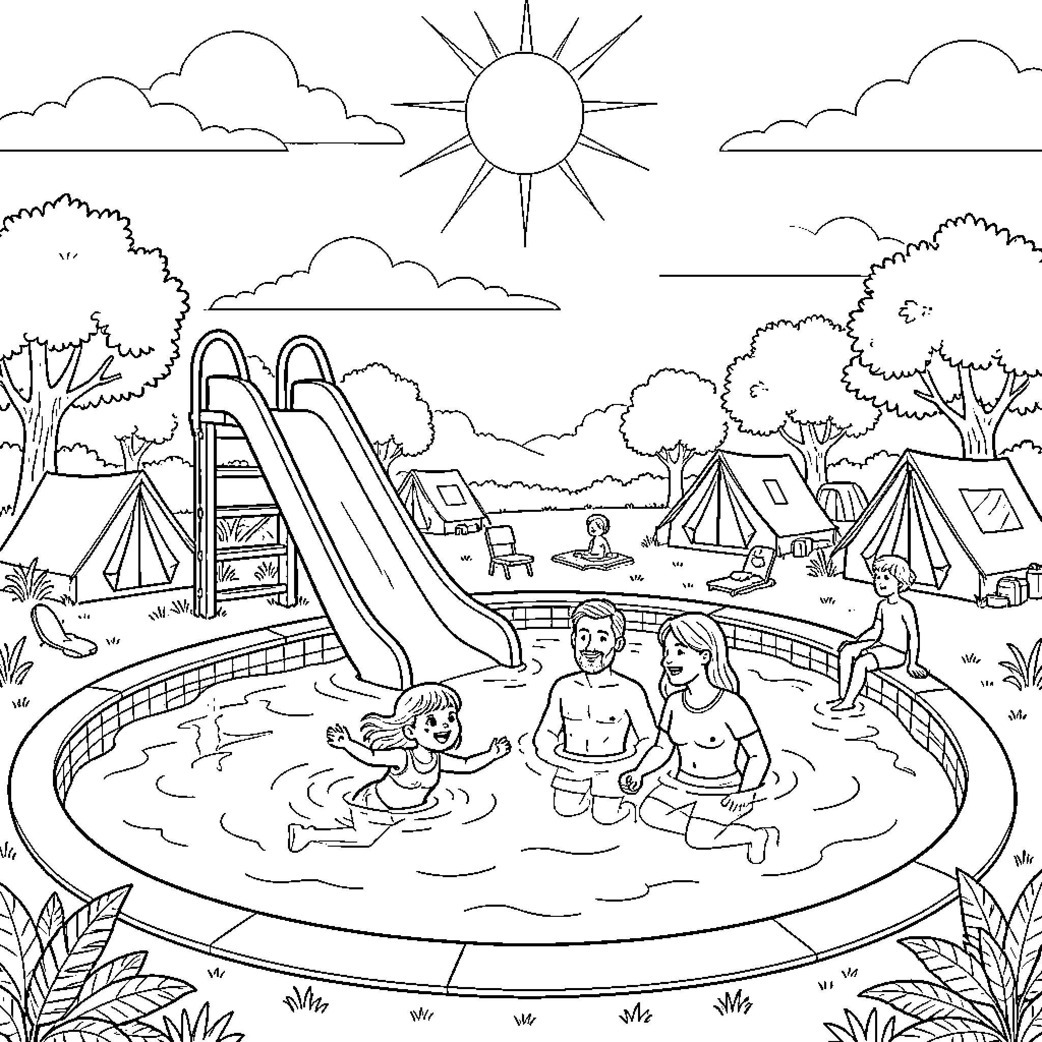 Piscine with children playing and relaxing under the sun Coloring Page (free black-and-white line drawing printable PDF for all, from beginners to advanced learners, including children, teens, adults, and seniors)