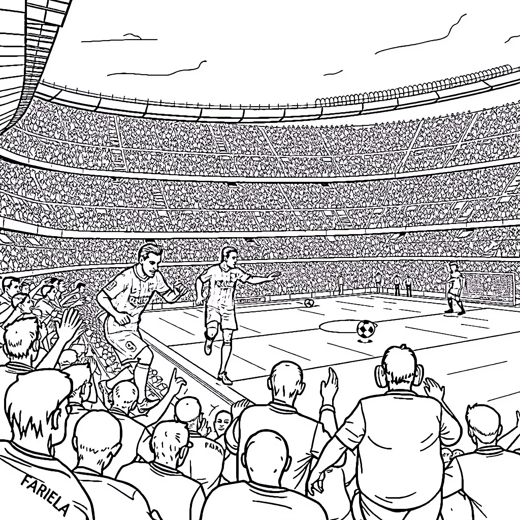 Fc Barcelona players competing in a soccer match Coloring Page (free black-and-white line drawing printable PDF for all, from beginners to advanced learners, including children, teens, adults, and seniors)