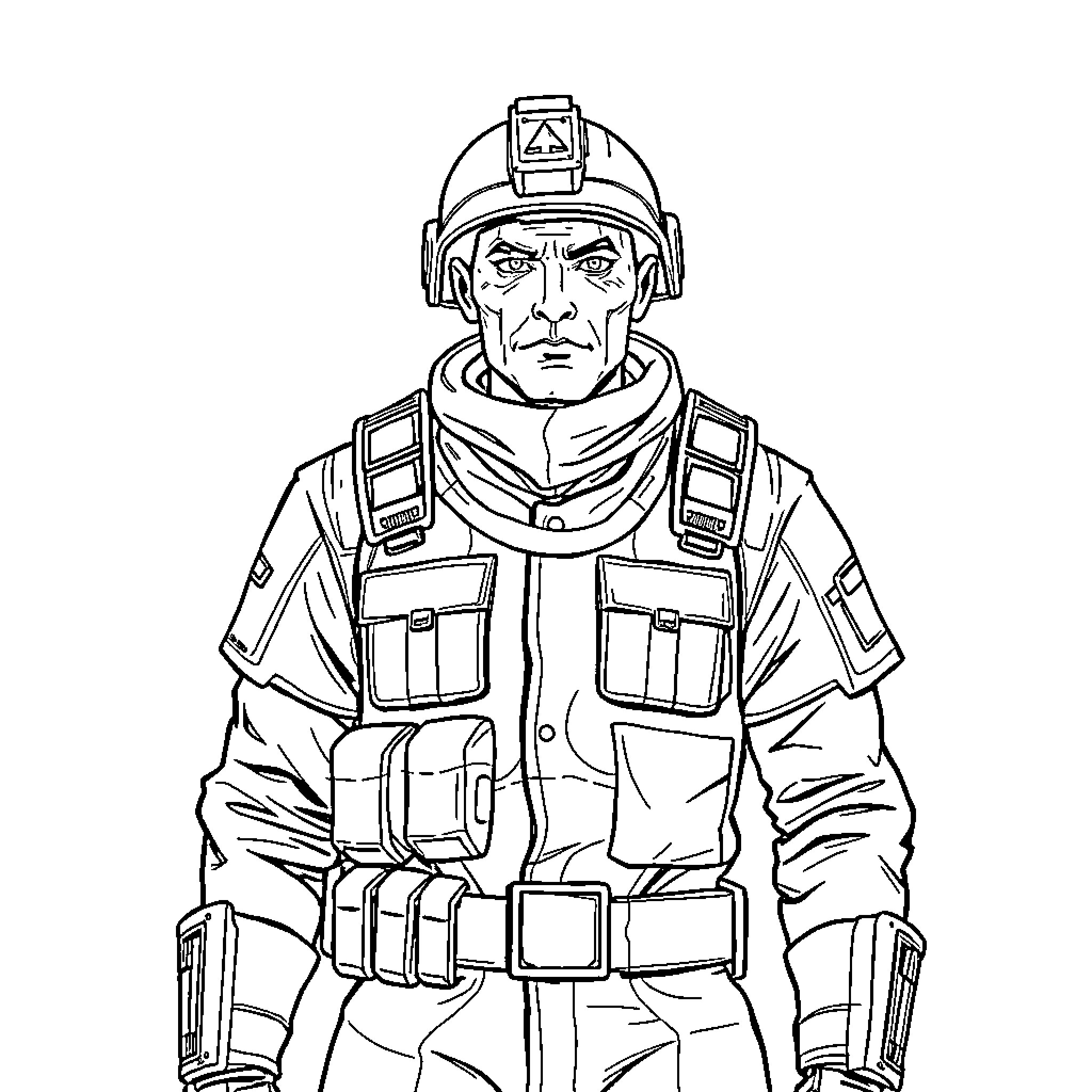 Soldier in Tactical Gear and Helmet Coloring Page (free black-and-white line drawing printable PDF for all, from beginners to advanced learners, including children, teens, adults, and seniors)