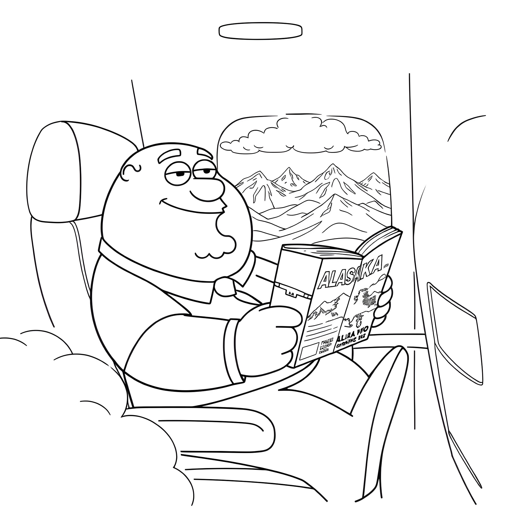 Peter Griffin exploring Alaska on a road trip Coloring Page (free black-and-white line drawing printable PDF for all, from beginners to advanced learners, including children, teens, adults, and seniors)