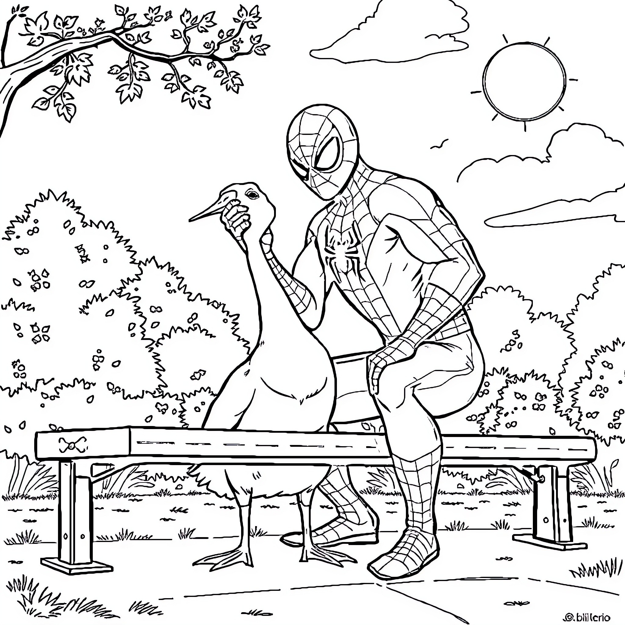 Spiderman rests on a park bench with a bird Coloring Page (free black-and-white line drawing printable PDF for all, from beginners to advanced learners, including children, teens, adults, and seniors)