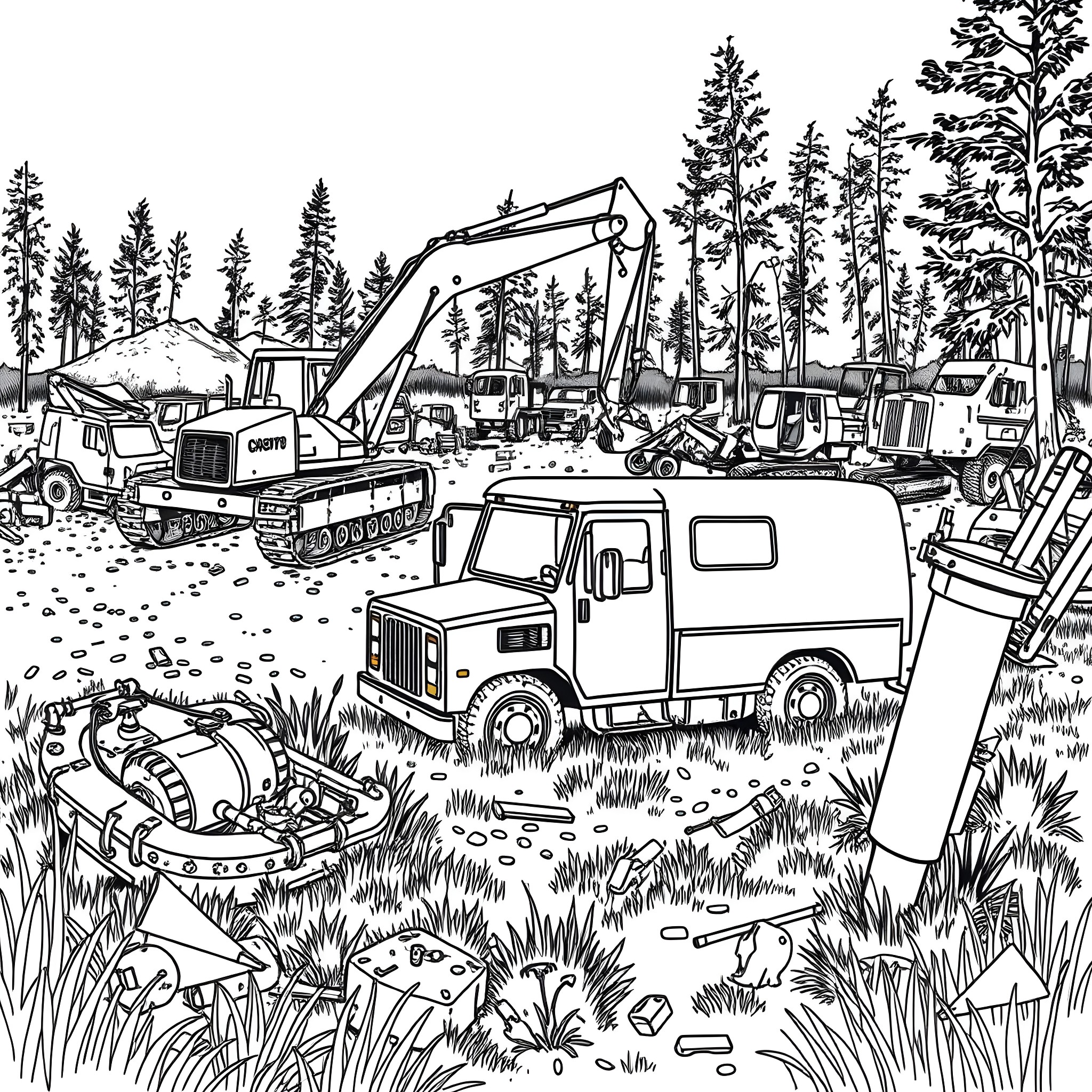 Construction Vehicle Crew at Work in the Forest Coloring Page (free black-and-white line drawing printable PDF for all, from beginners to advanced learners, including children, teens, adults, and seniors)