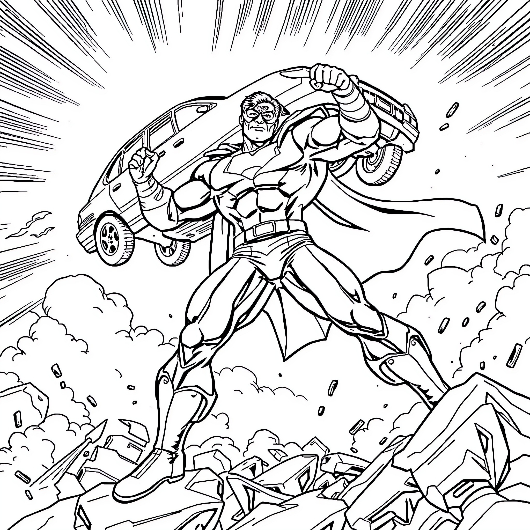 Superhero in Explosive Action with Vehicle Coloring Page (free black-and-white line drawing printable PDF for all, from beginners to advanced learners, including children, teens, adults, and seniors)