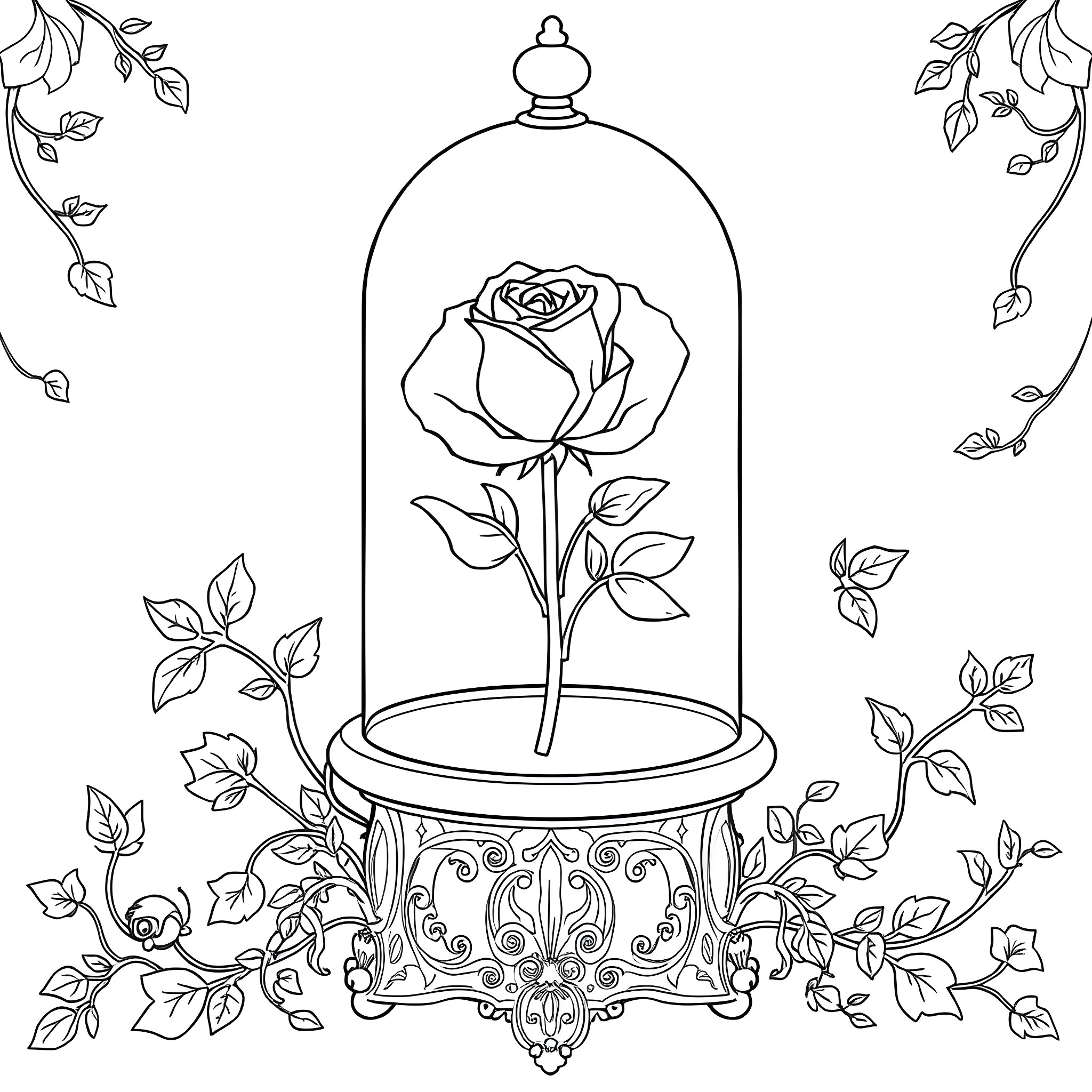 Rose in Decorative Glass Dome with Floral Vines Coloring Page (free black-and-white line drawing printable PDF for all, from beginners to advanced learners, including children, teens, adults, and seniors)